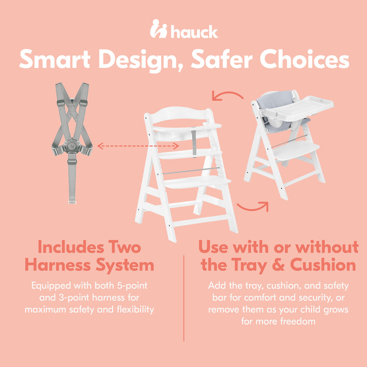 hauck AlphaPlus Grow Along White Wooden High Chair, Tray Table, & Grey Cushion - VMInnovations