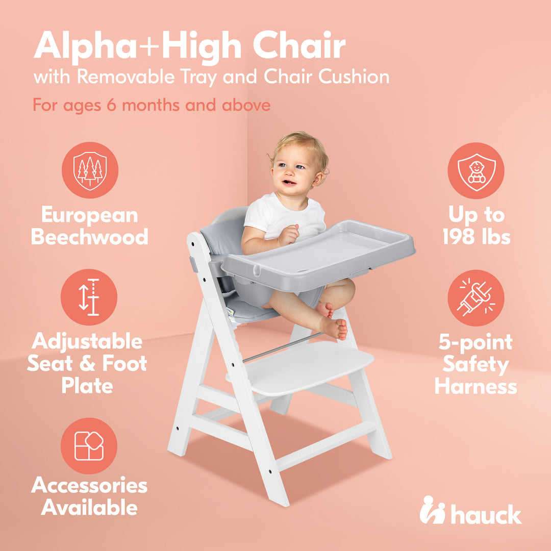 hauck Alpha+ Grow Along White Wooden High Chair, Grey Tray Table, & Cushion - VMInnovations