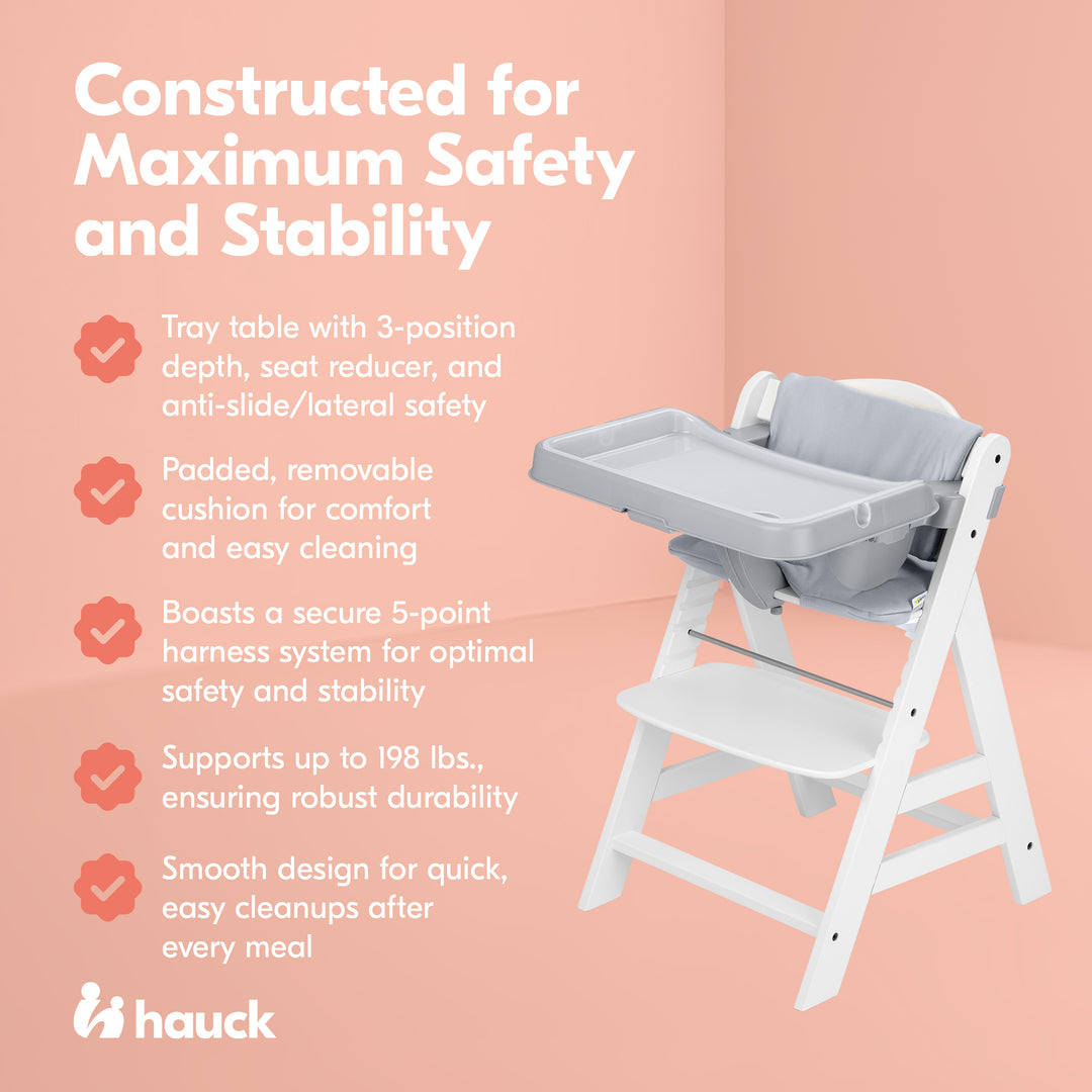 hauck Alpha+ Grow Along White Wooden High Chair, Grey Tray Table, & Cushion - VMInnovations