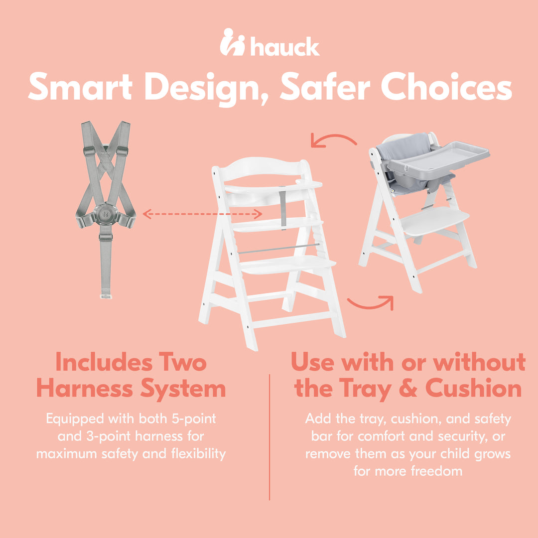 hauck Alpha+ Grow Along White Wooden High Chair, Grey Tray Table, & Cushion - VMInnovations