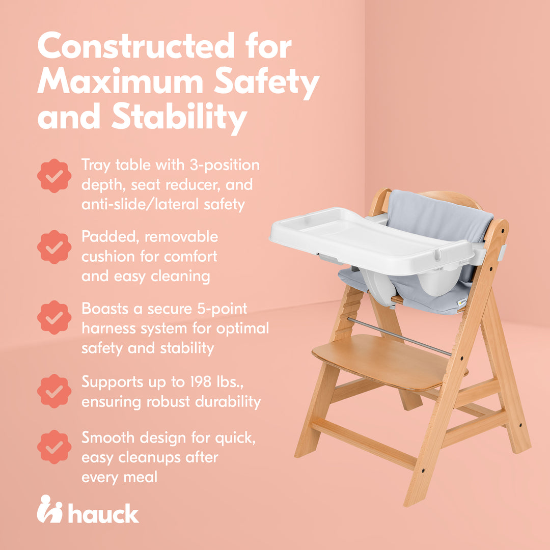hauck Alpha+ Grow Along Wooden High Chair w/White Tray Table & Grey Cushion - VMInnovations