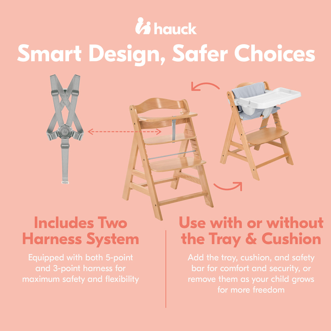 hauck Alpha+ Grow Along Wooden High Chair w/White Tray Table & Grey Cushion - VMInnovations