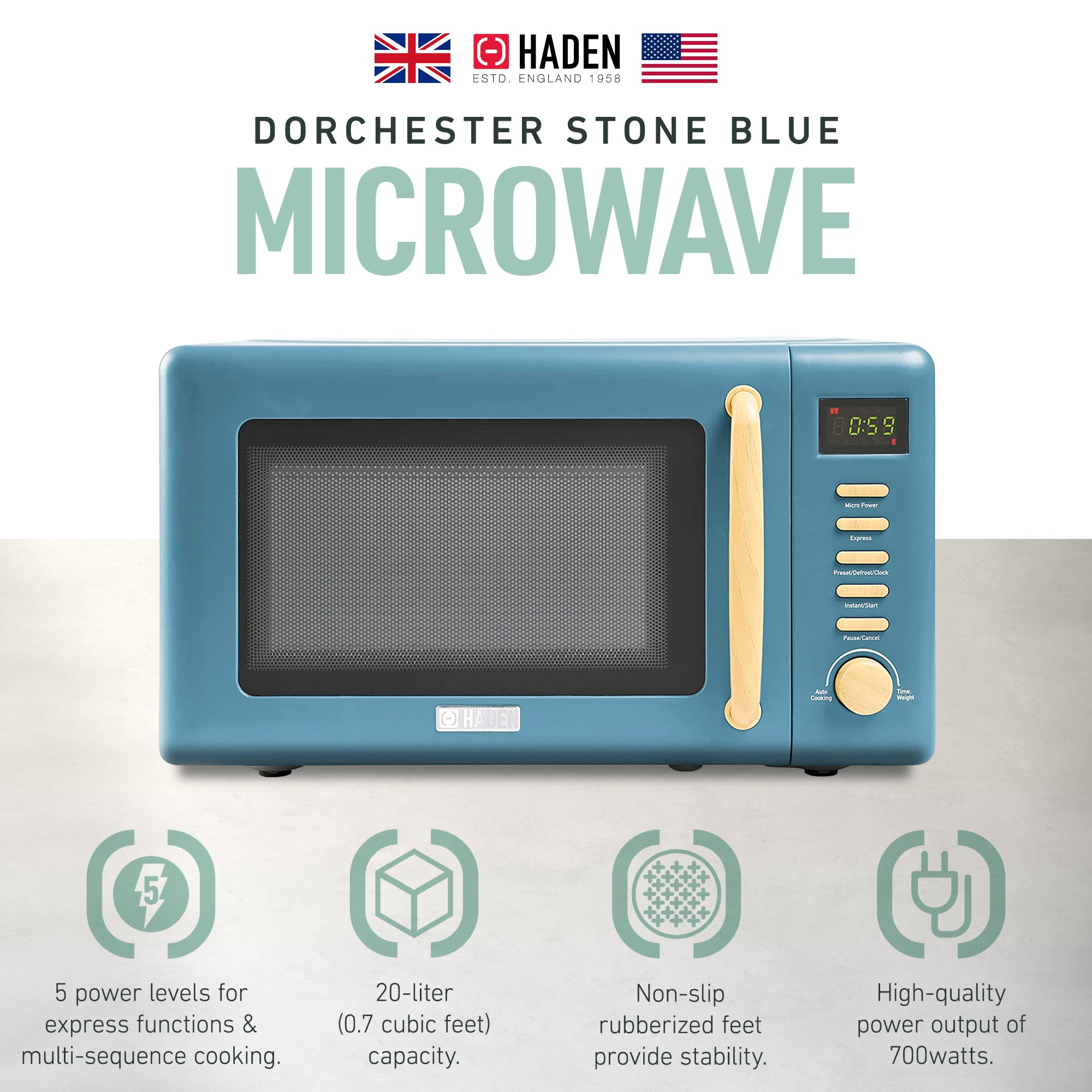 Haden Dorchester 0.7 Cu Ft Compact Countertop Microwave, Stone Blue - VMInnovations