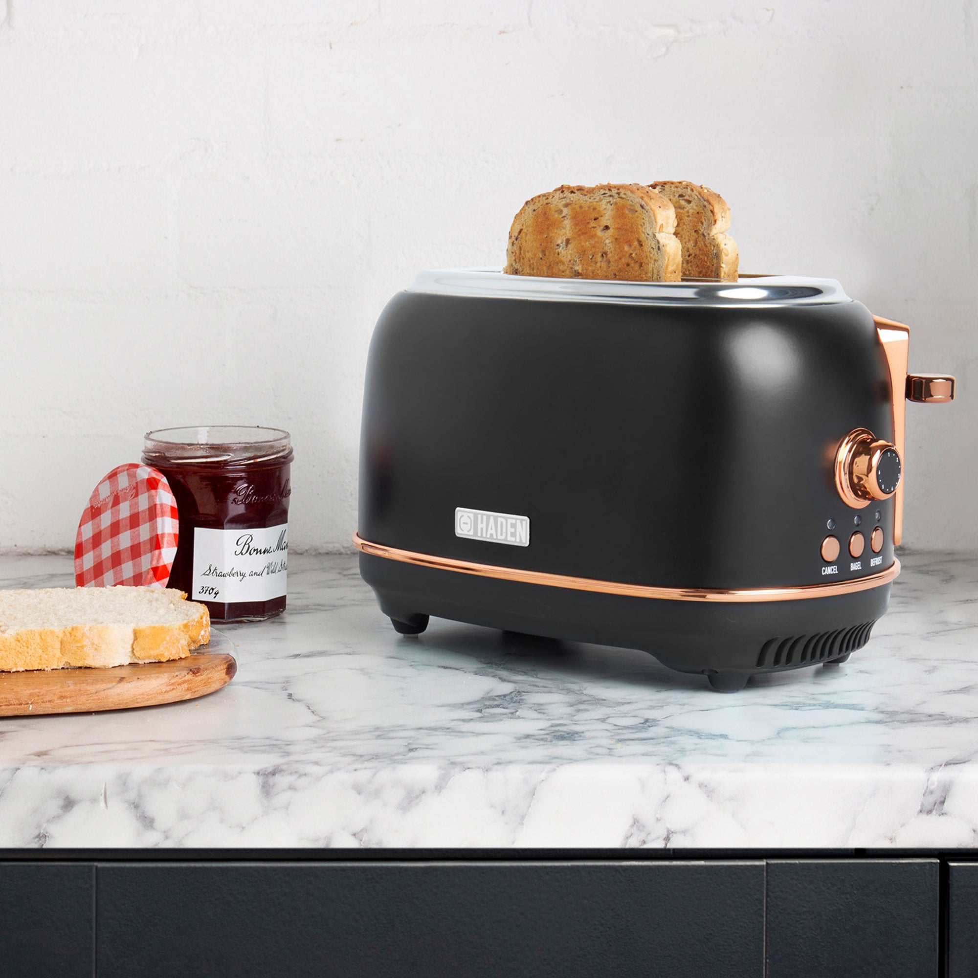 Haden Heritage 2 Slice Wide Slot Toaster w/Crumb Tray, Black/Copper (Used) - VMInnovations