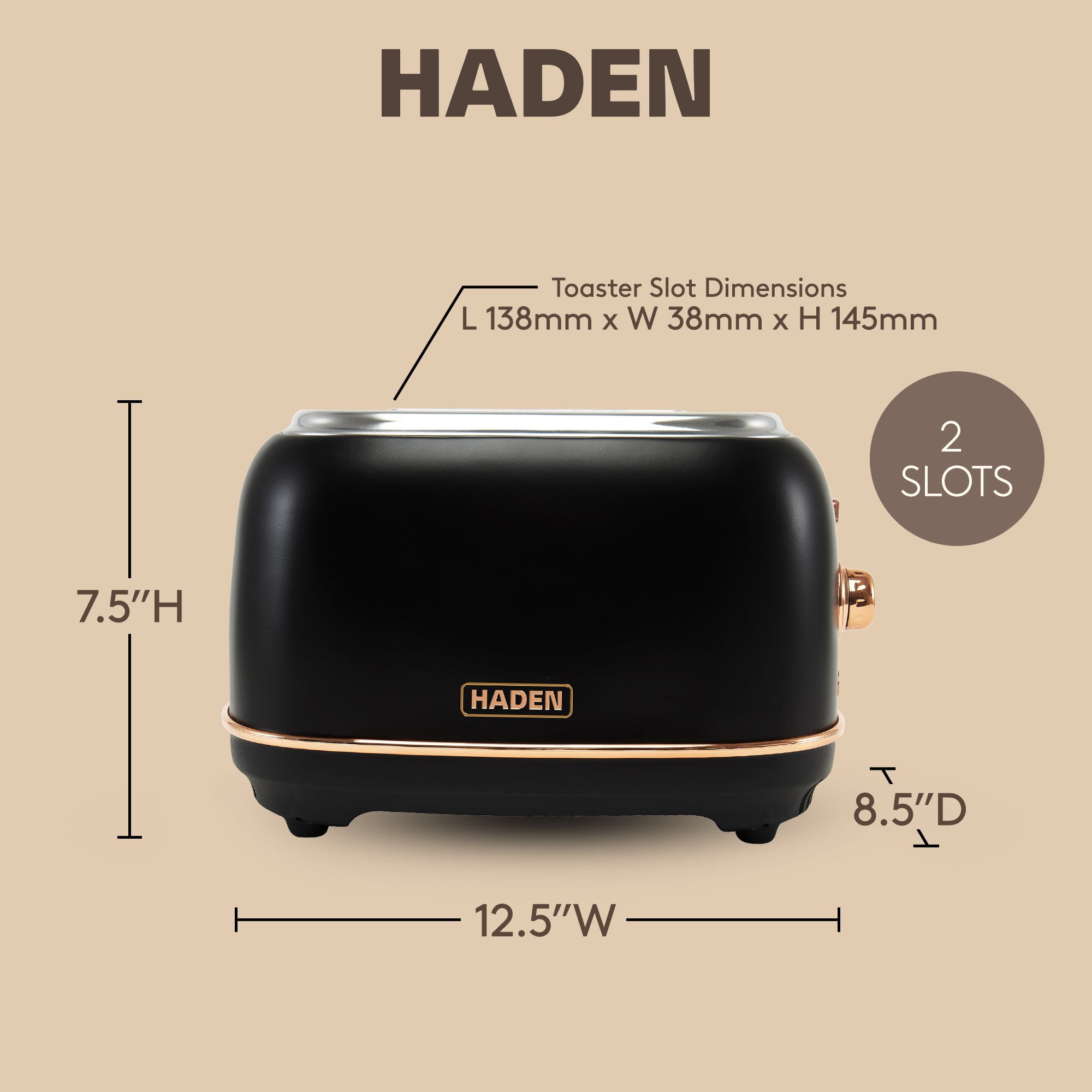 Haden Heritage 2 Slice Wide Slot Stainless Steel Toaster, Black/Copper(Open Box)