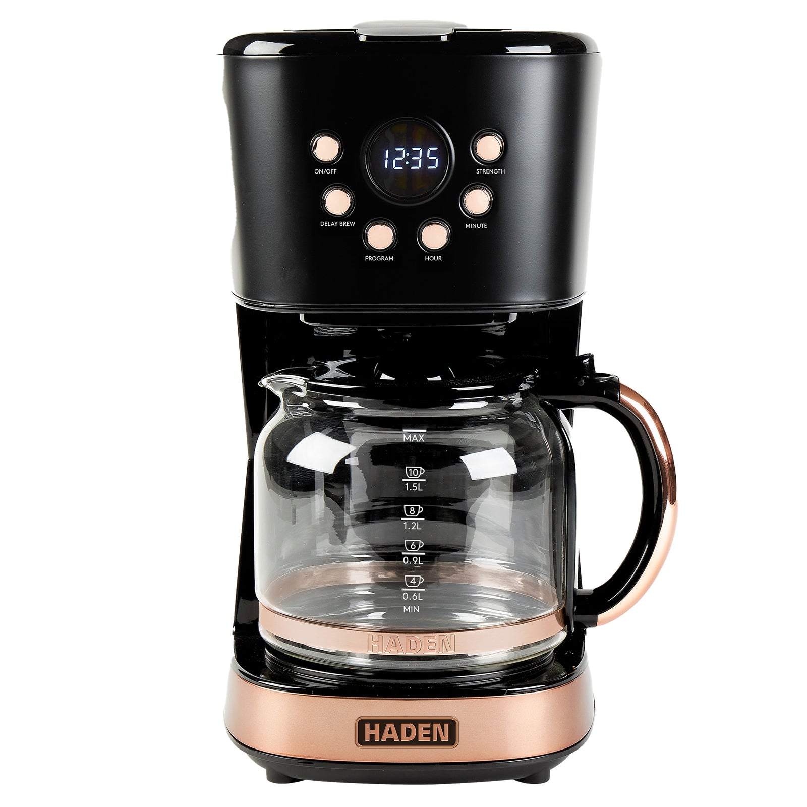 Haden Coffee Machine, 12 Cup Programmable Drip Coffee Maker, Black & Copper - VMInnovations