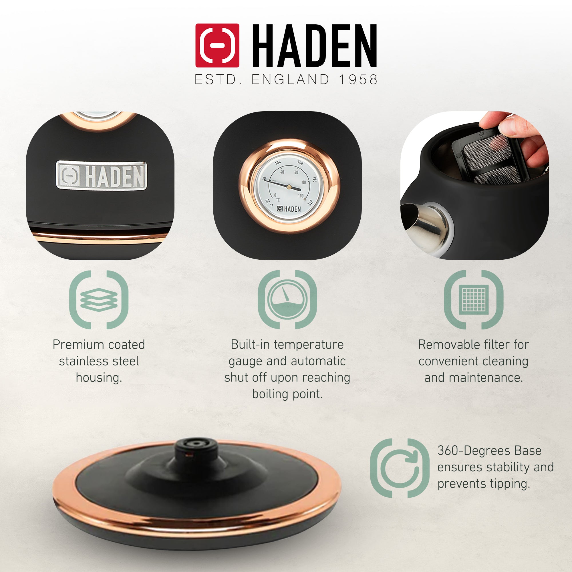 Haden Dorset 1.7L Steel Electric Kettle w/Auto Shut Off, Black/Copper(For Parts) - VMInnovations