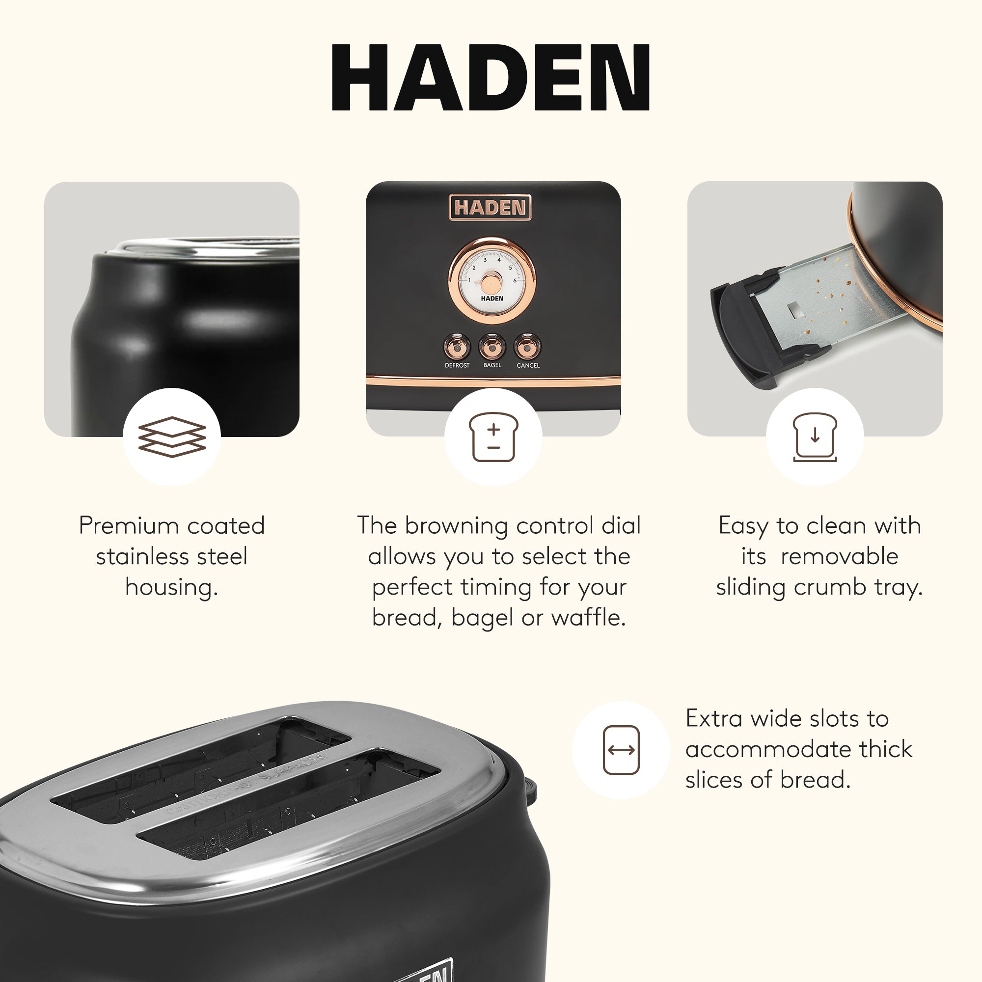 Haden Dorset 2 Slice Wide Slot Stainless Steel Toaster, Black & Copper - VMInnovations