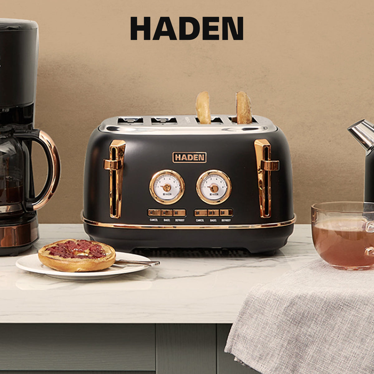 Haden Dorset 4 Slice Wide Slot Steel Toaster w/ Tray, Black/Copper (Open Box) - VMInnovations