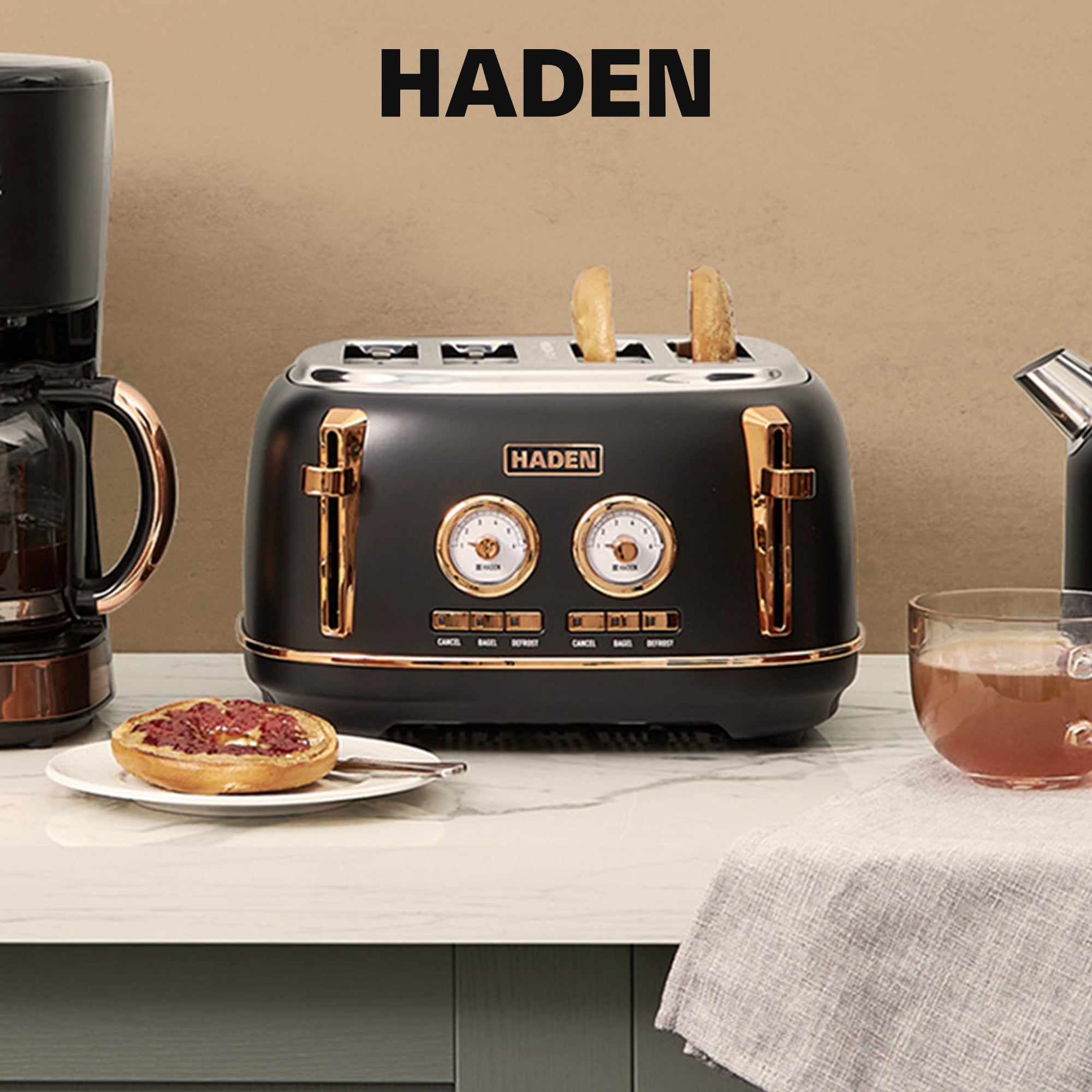 Haden Dorset 4 Slice Wide Slot Steel Toaster w/ Tray, Black/Copper (Open Box)