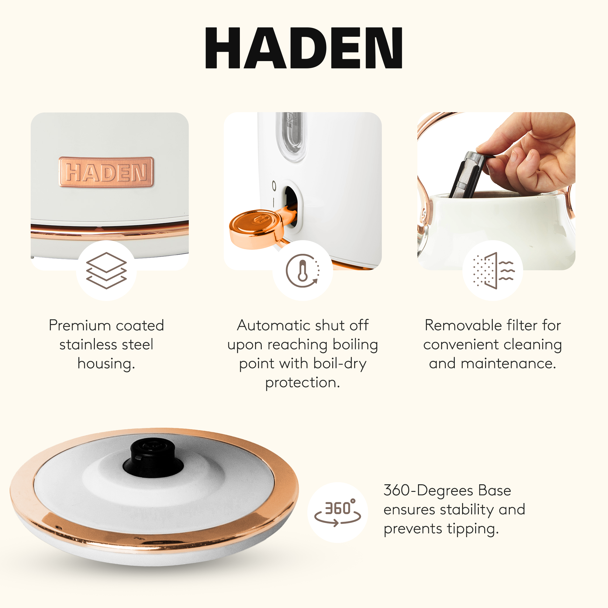 Haden 1.7 Liter Stainless Steel Electric Water Kettle, Ivory & Copper(Open Box)