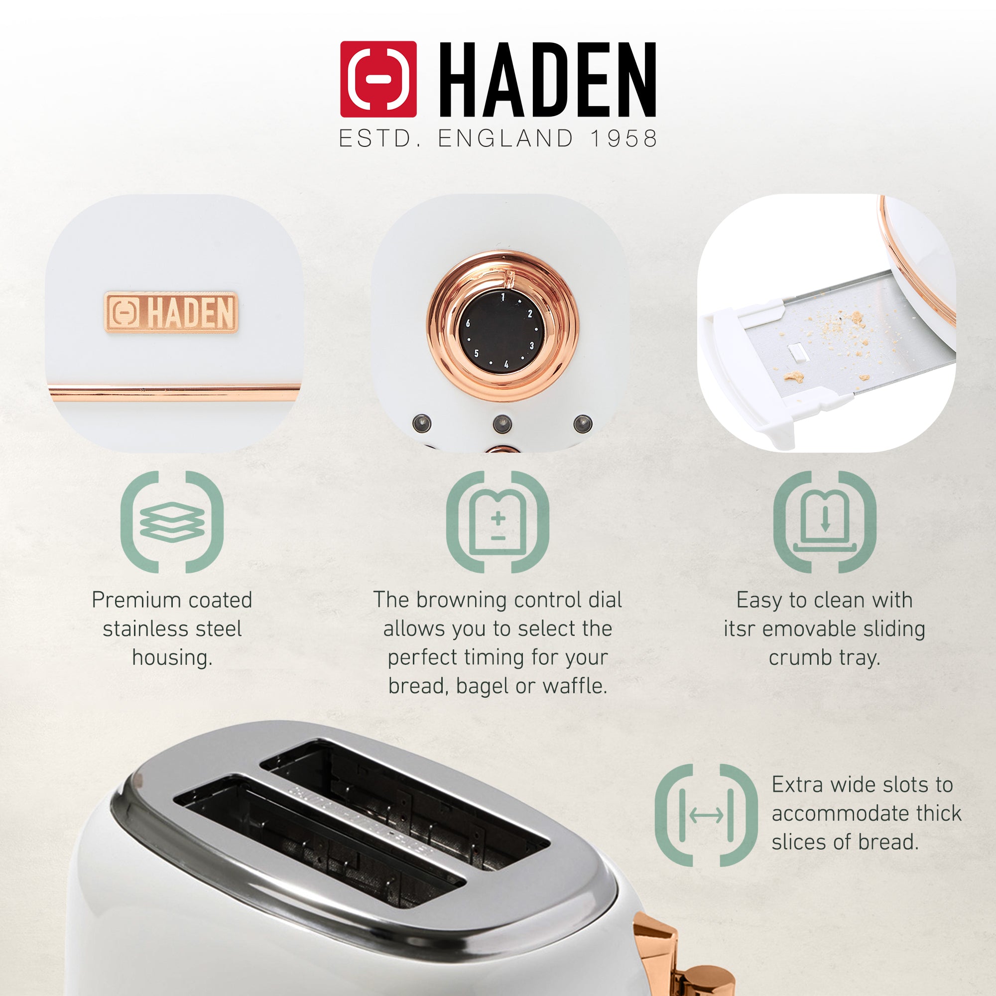 Haden 2 Slice Wide Slot Toaster w/Removable Crumb Tray, Ivory/Copper (Used) - VMInnovations