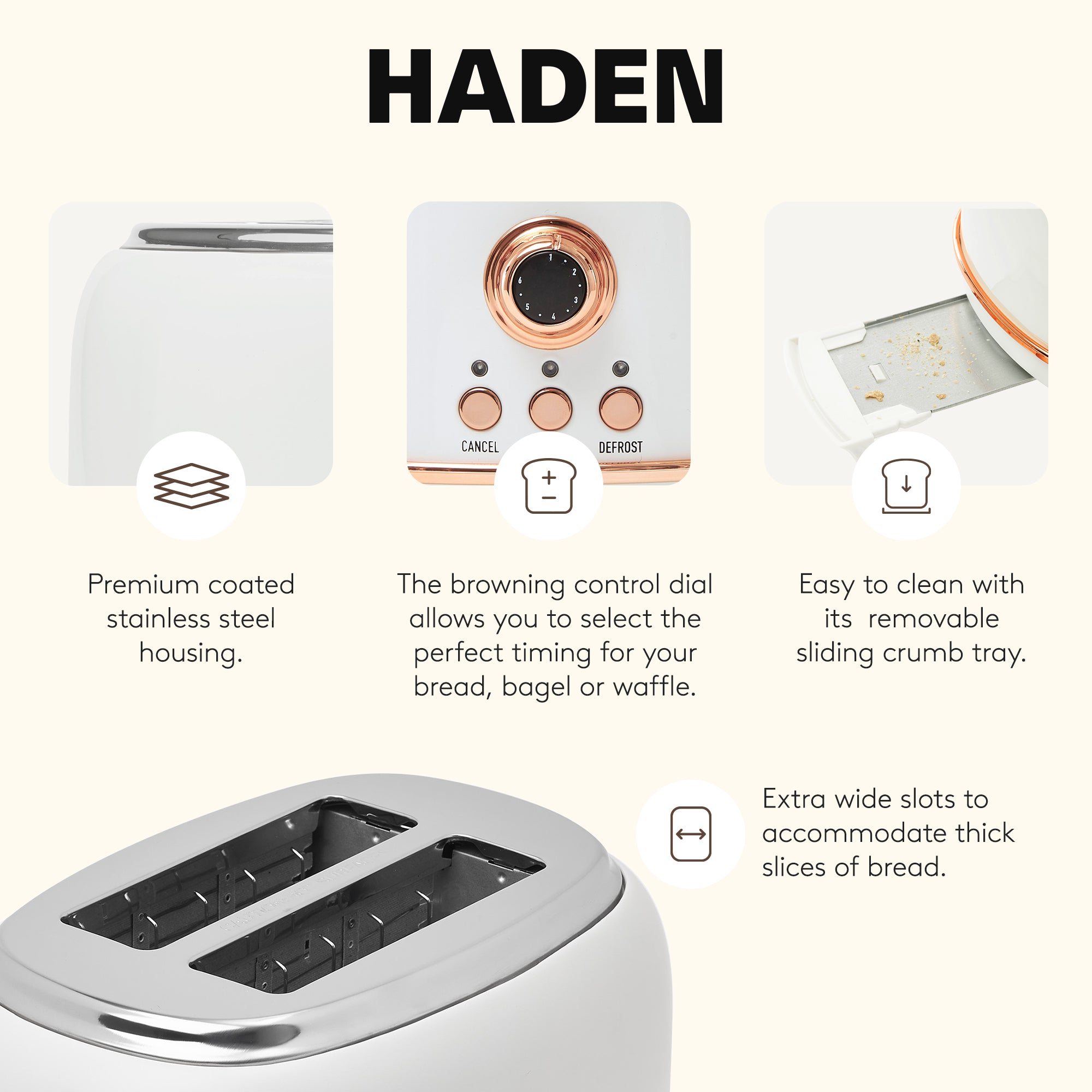 Haden Heritage 2 Slice Toaster with Removable Crumb Tray, Ivory/Copper(Open Box)