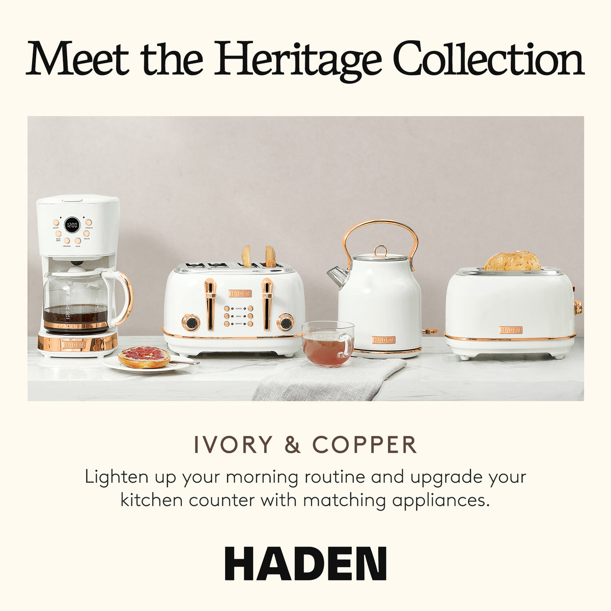 Haden Heritage 2 Slice Toaster with Removable Crumb Tray, Ivory/Copper(Open Box)