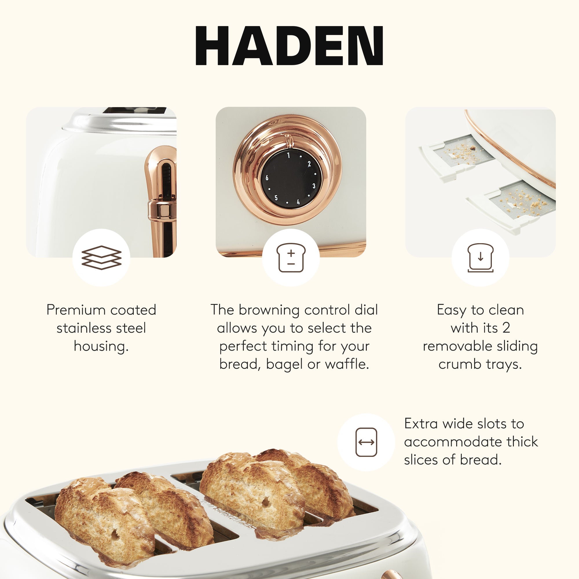 Haden Heritage 4 Slice Wide Slot Toaster w/Crumb Tray, Ivory/Copper (Open Box)