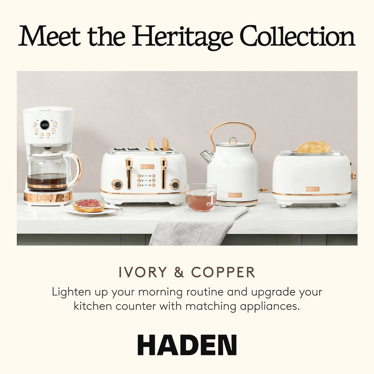 Haden Heritage 4 Slice Wide Slot Toaster w/Crumb Tray, Ivory/Copper (Open Box) - VMInnovations