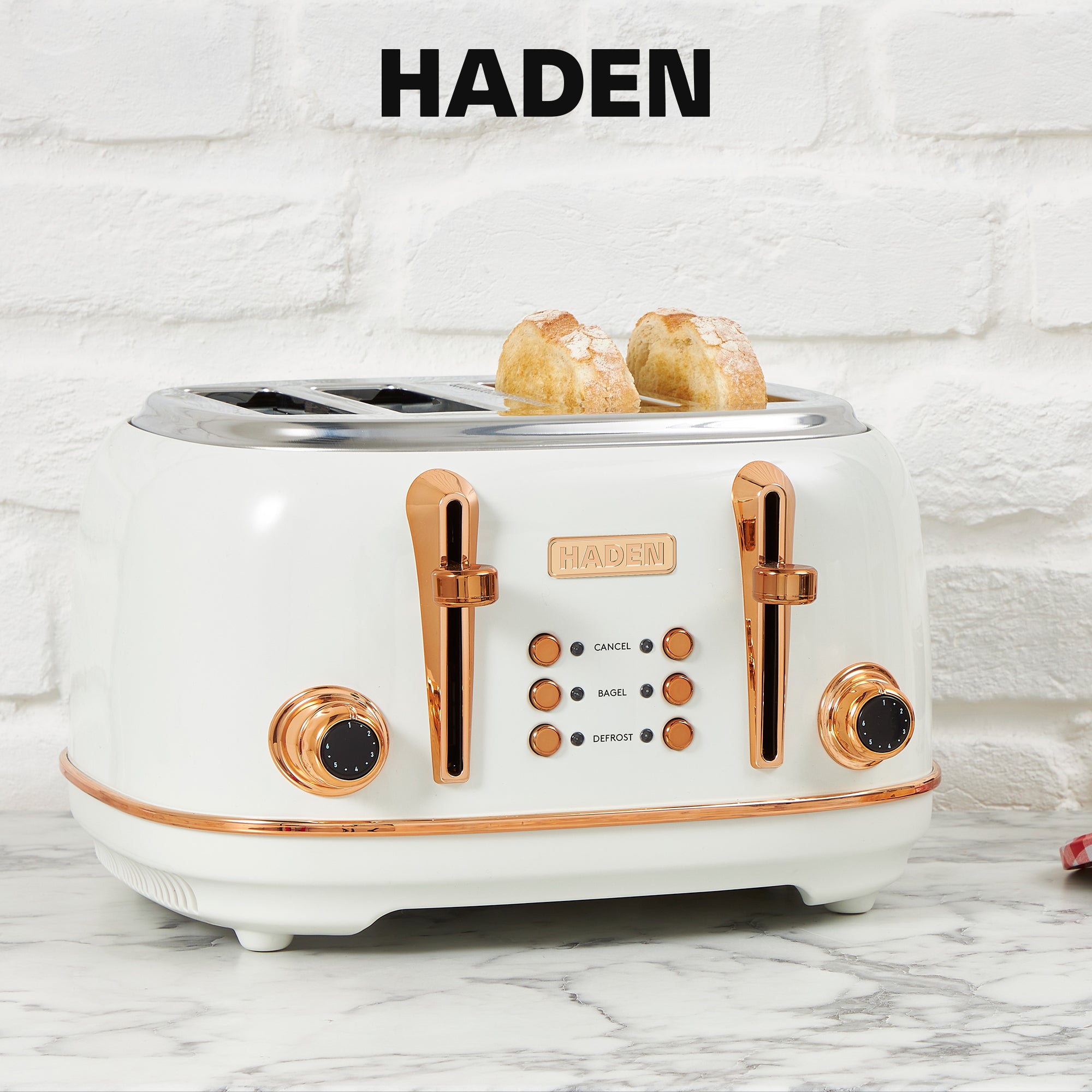 Haden Heritage 4 Slice Wide Slot Toaster w/Crumb Tray, Ivory/Copper (Open Box)