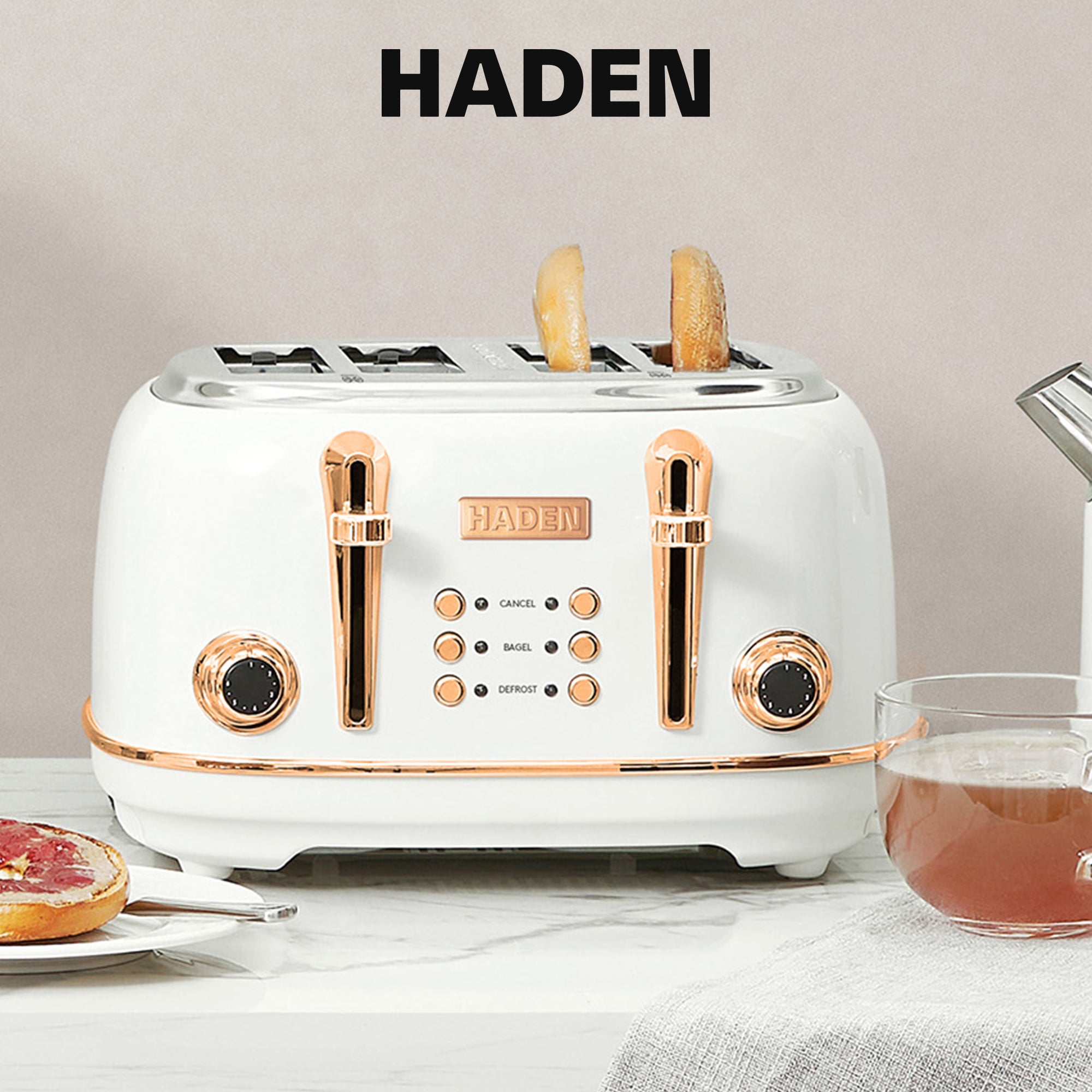 Haden Heritage 4 Slice Wide Slot Toaster w/Crumb Tray, Ivory/Copper (Open Box)
