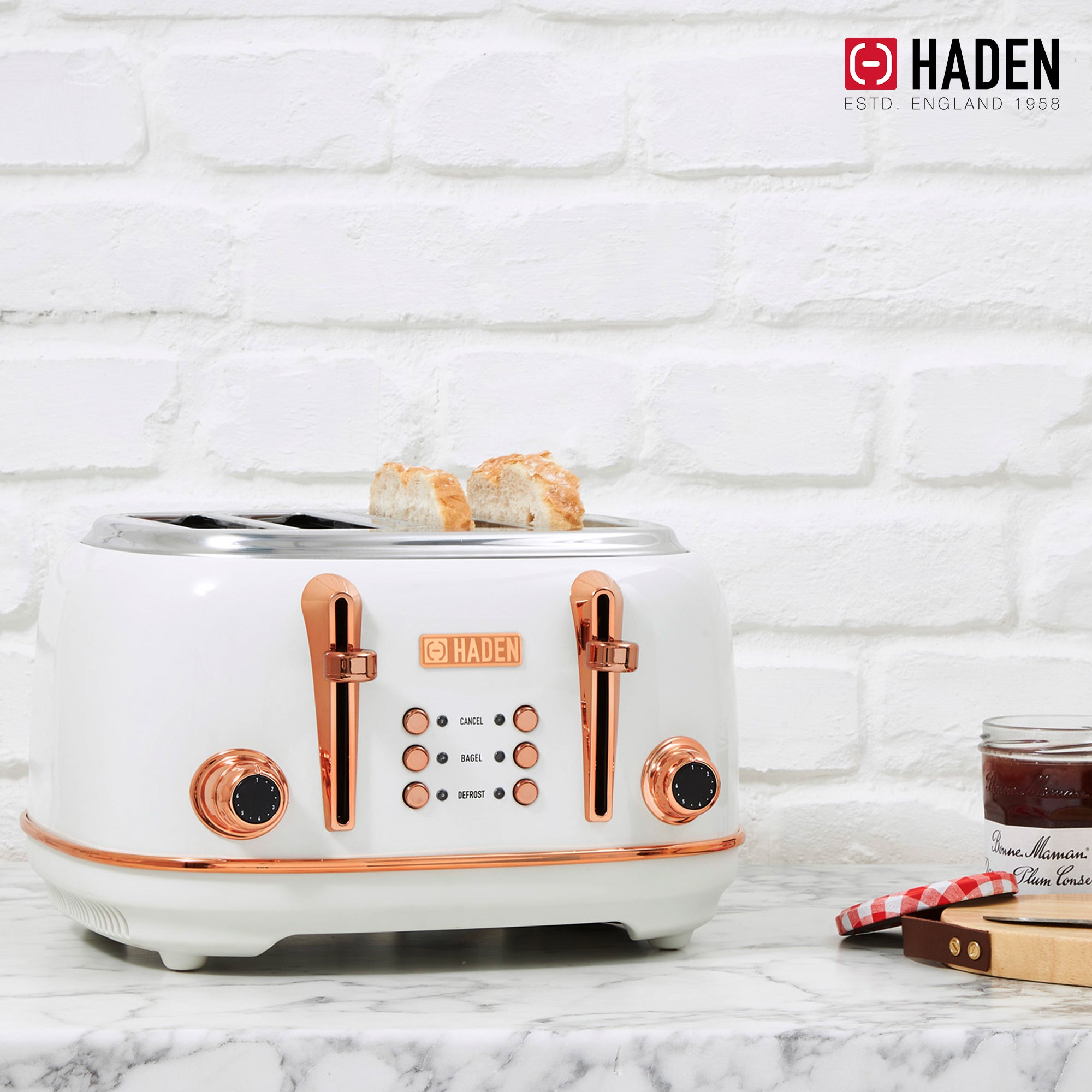 Haden 4 Slice Wide Slot Toaster w/Removable Crumb Tray, Ivory/Copper (Used) - VMInnovations