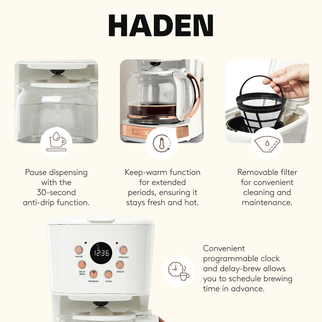 Haden Coffee Machine, 12 Cup Drip Coffee Maker, Ivory & Copper (Open Box)
