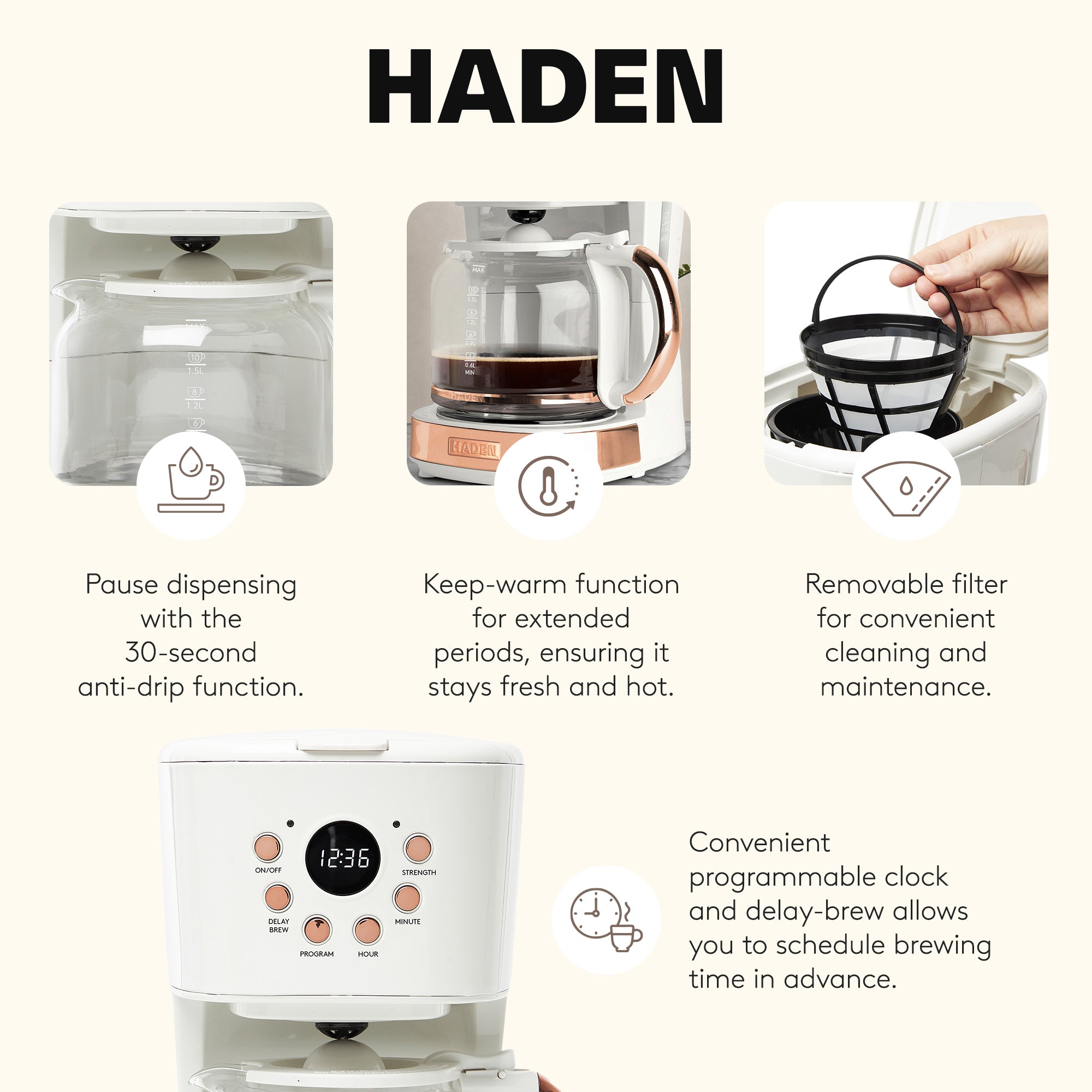 Haden Coffee Machine 12Cup Programmable Drip Coffee Maker Ivory/Copper(Open Box)