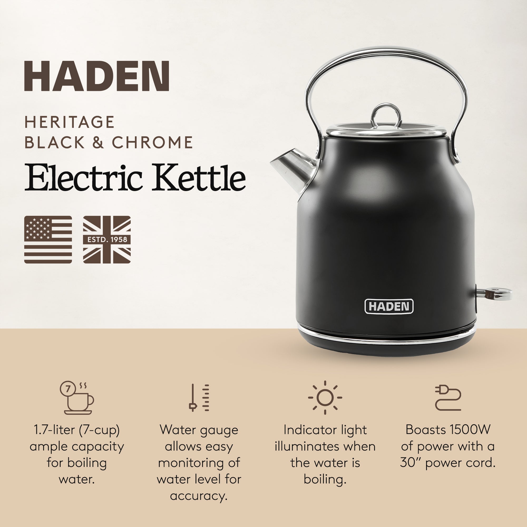 Haden Heritage 1.7 Liter Stainless Steel Electric Water Kettle, Black & Chrome - VMInnovations