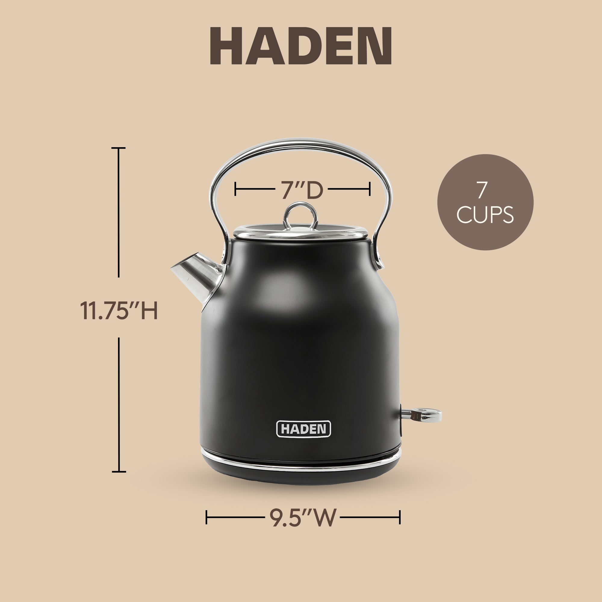 Haden Heritage 1.7 Liter Stainless Steel Electric Water Kettle, Black & Chrome - VMInnovations