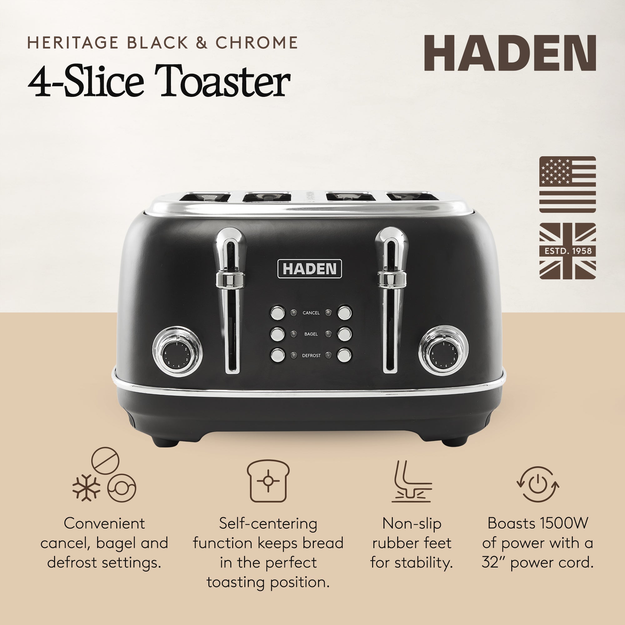 Haden 4 Slice Wide Slot Toaster with Removable Crumb Tray,Black/Chrome(Open Box)