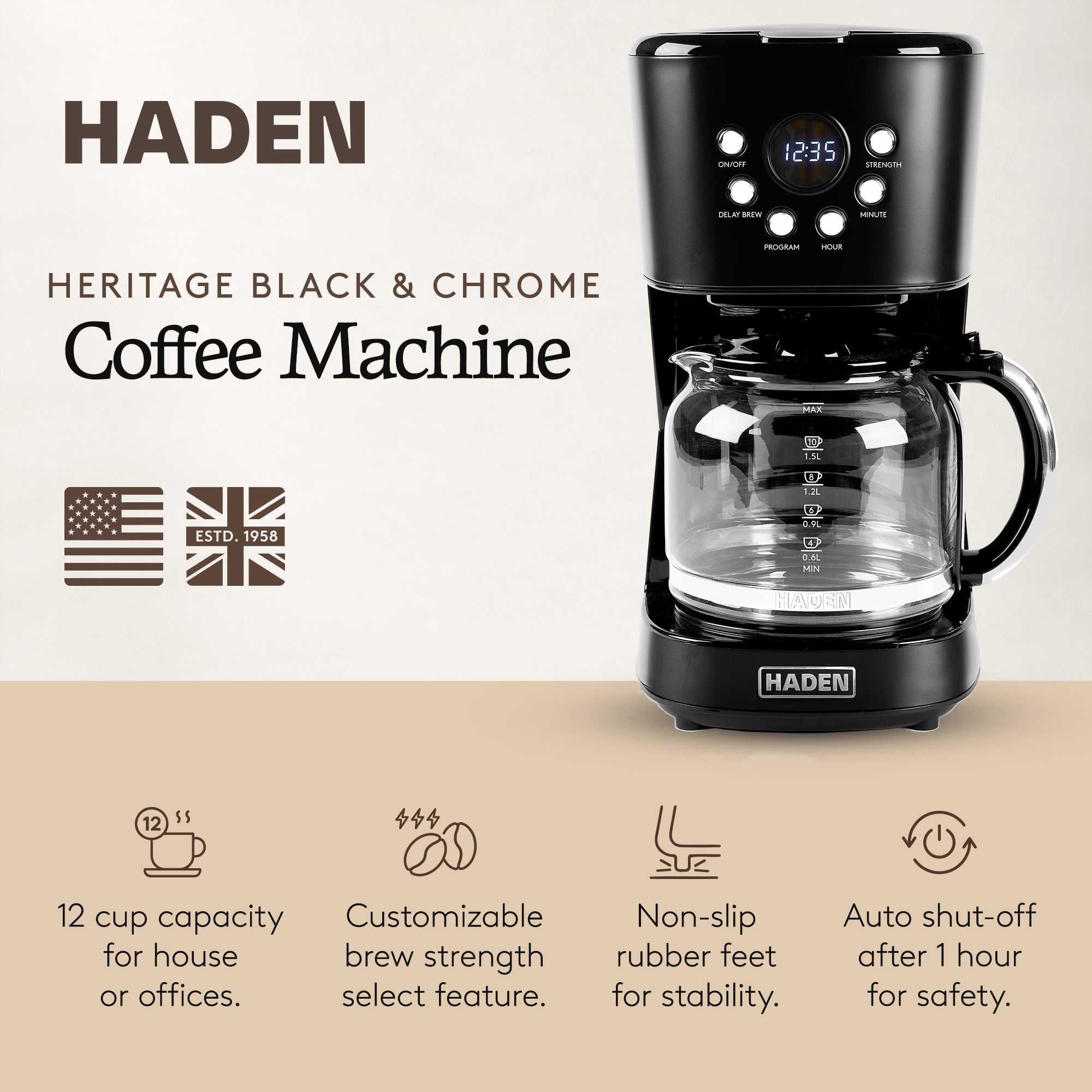 Haden Heritage 12 Cup Retro Coffee Maker Machine, Black/Chrome (Open Box)