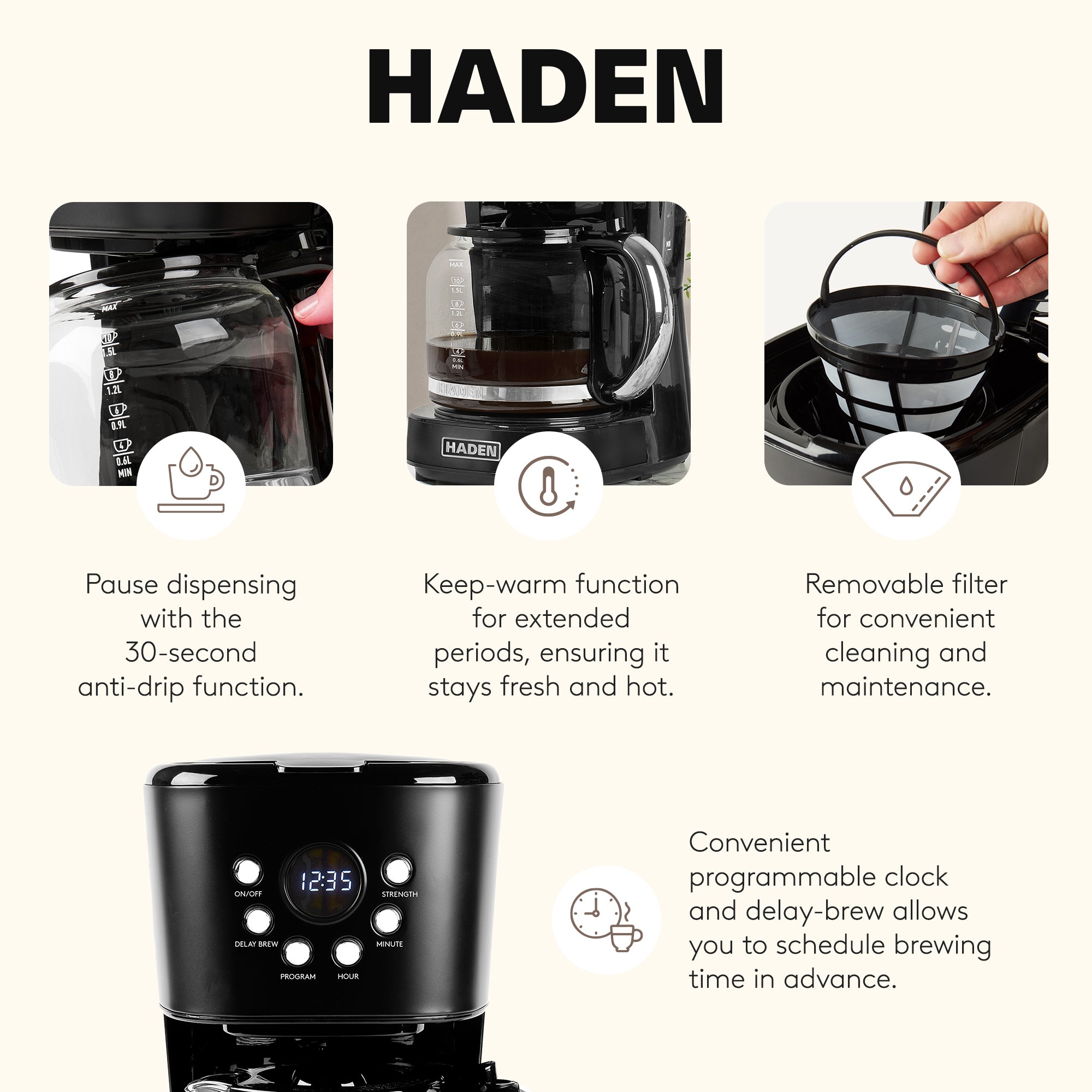 Haden Coffee Machine, 12 Cup Programmable Drip Coffee Maker, Black & Chrome - VMInnovations