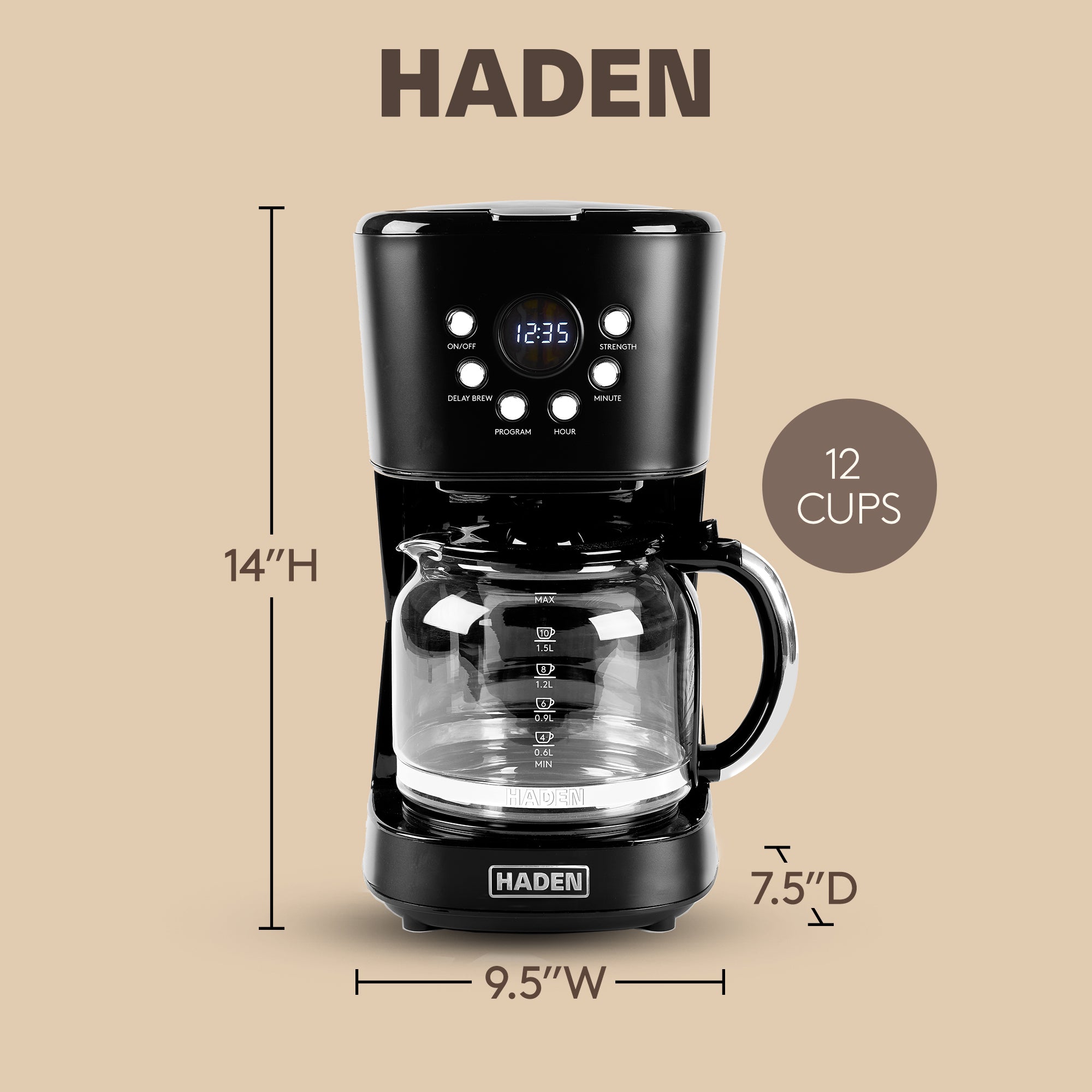 Haden Coffee Machine, 12 Cup Programmable Drip Coffee Maker, Black & Chrome - VMInnovations