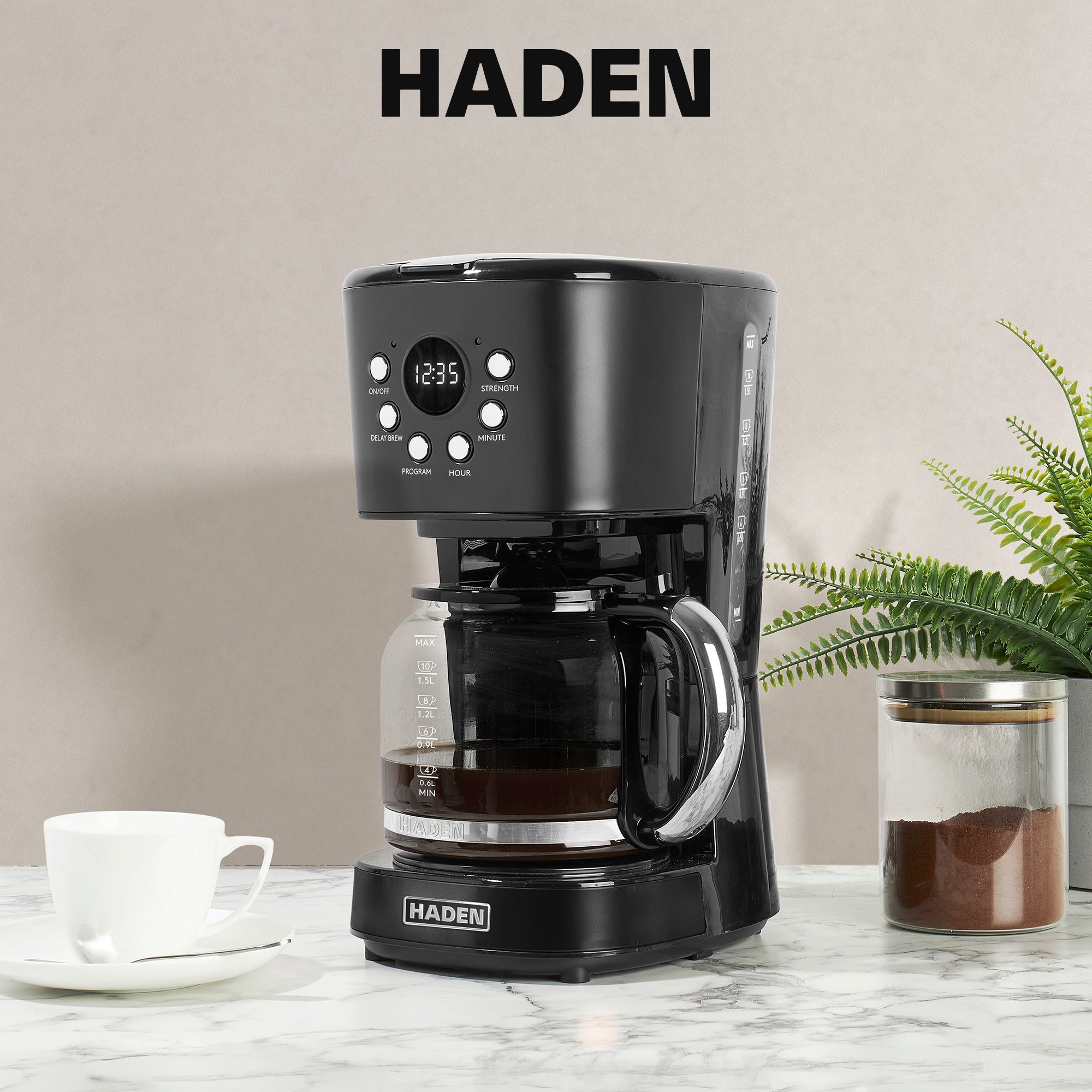Haden Coffee Machine, 12 Cup Programmable Drip Coffee Maker, Black & Chrome - VMInnovations
