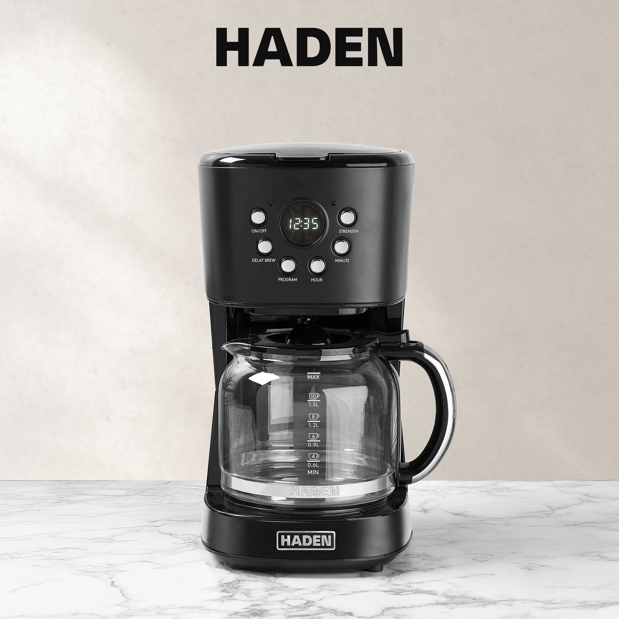 Haden Coffee Machine, 12 Cup Programmable Drip Coffee Maker, Black & Chrome - VMInnovations