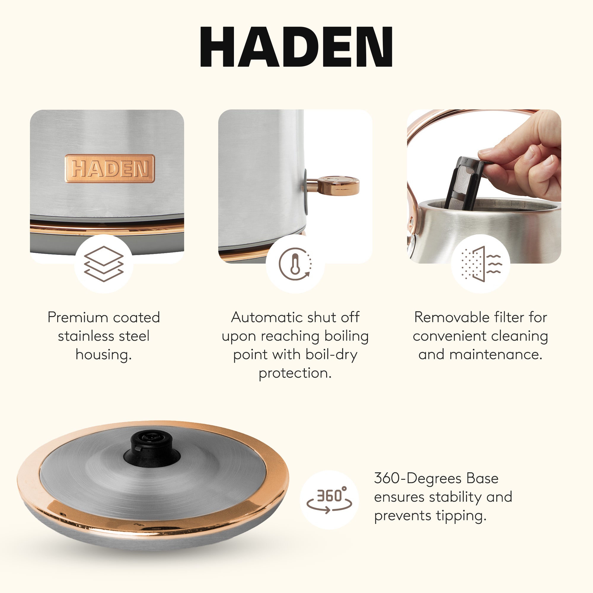 Haden Heritage 1.7L Stainless Steel Retro Electric Kettle, Steel/Copper(OpenBox)