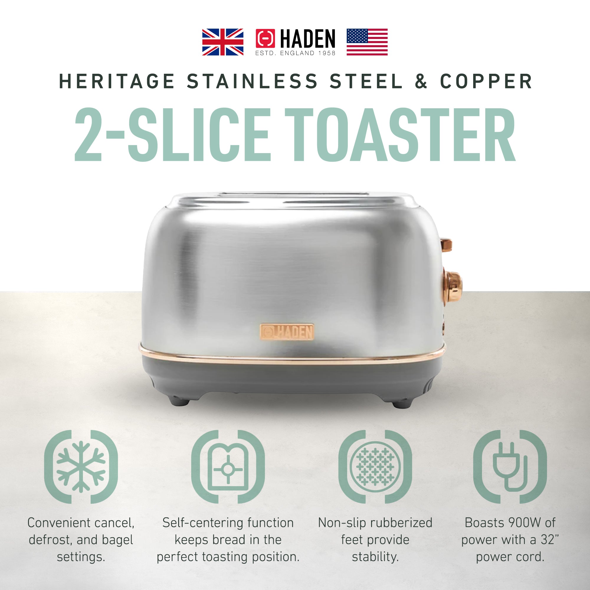 Haden 2 Slice Wide Slot Toaster w/Removable Crumb Tray, Steel/Copper(Open Box) - VMInnovations