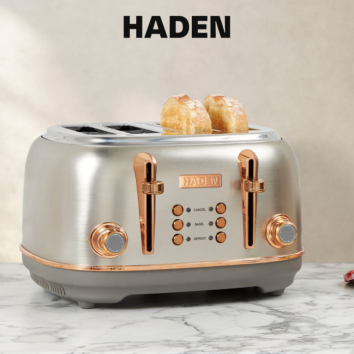 Haden Heritage 4 Slice Wide Slot Stainless Steel Toaster, Steel & Copper - VMInnovations
