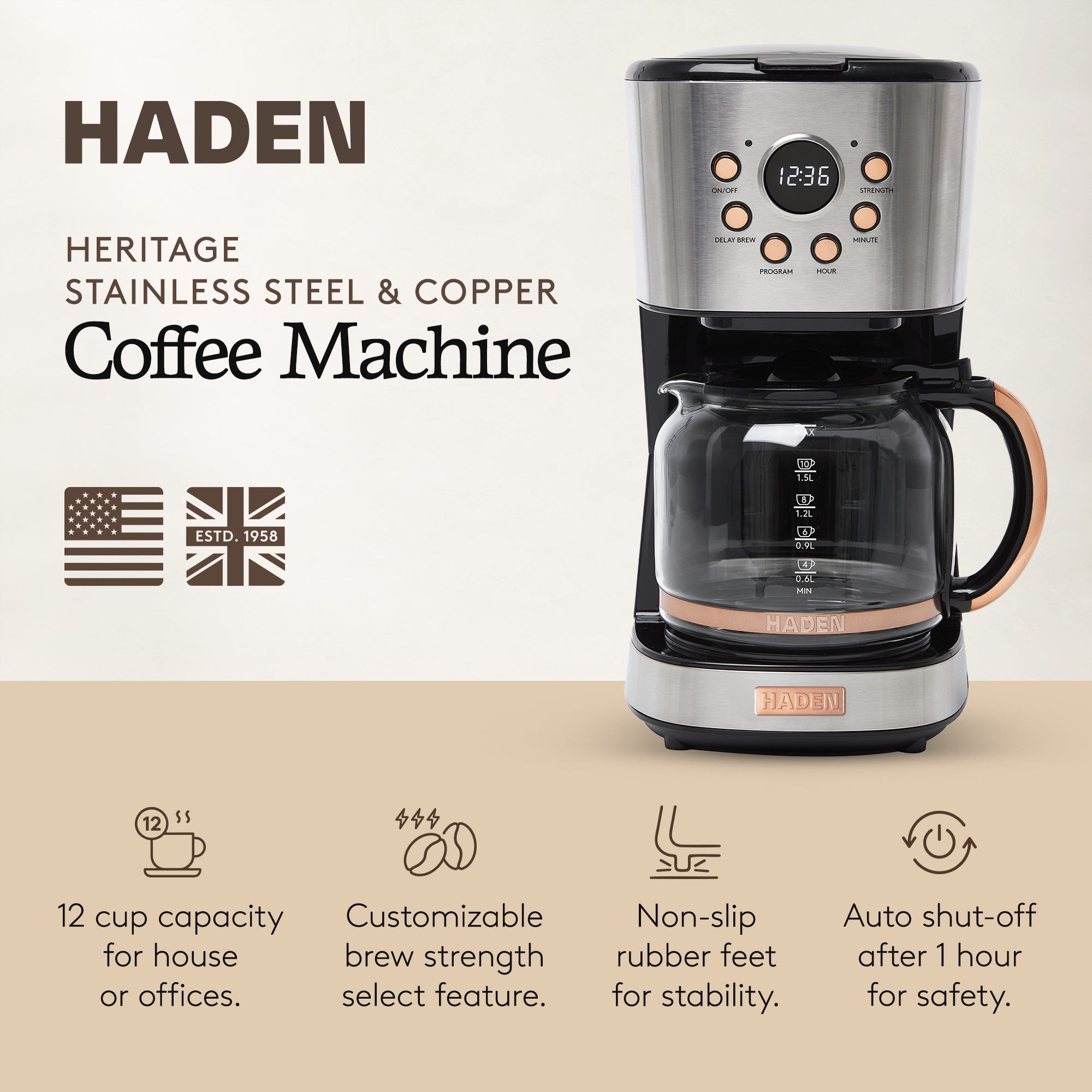 Haden Heritage 12 Cup Programmable Retro Coffee Maker, Steel/Copper (Open Box) - VMInnovations