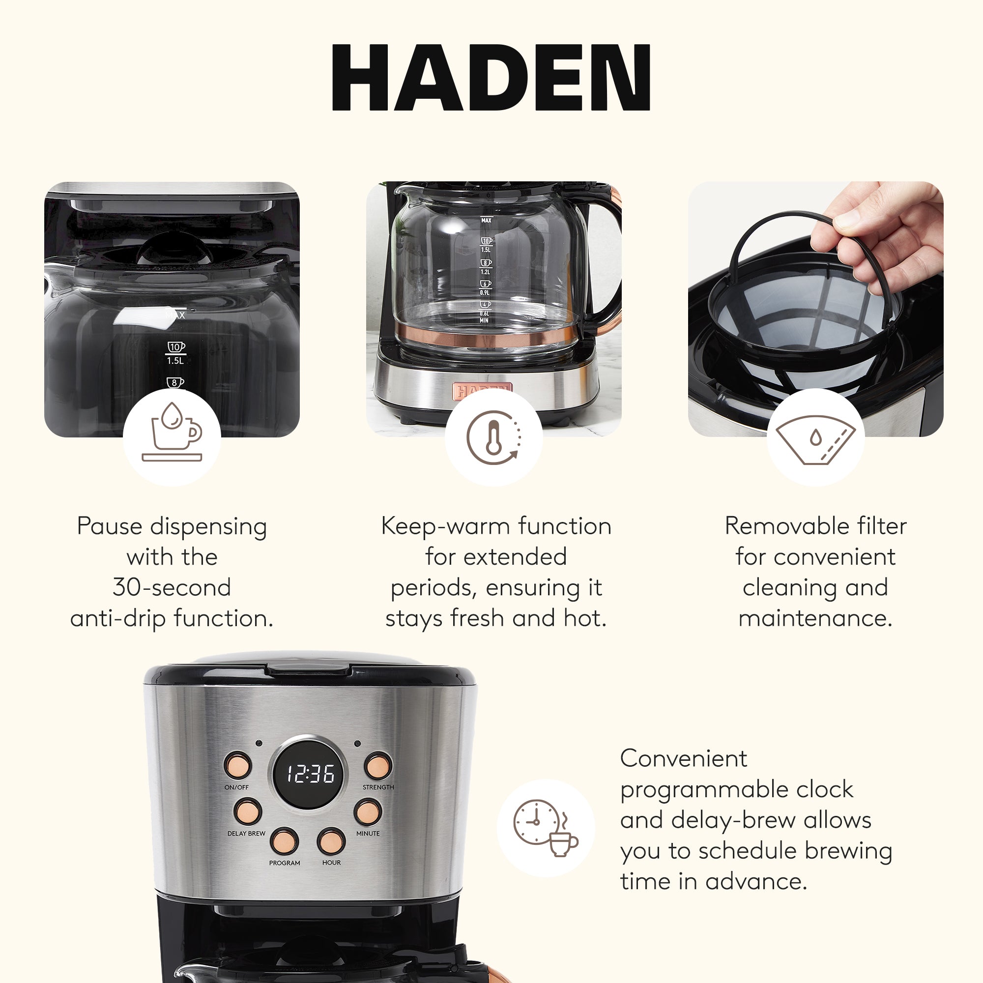 Haden Heritage 12 Cup Programmable Retro Coffee Maker, Steel/Copper (Open Box) - VMInnovations