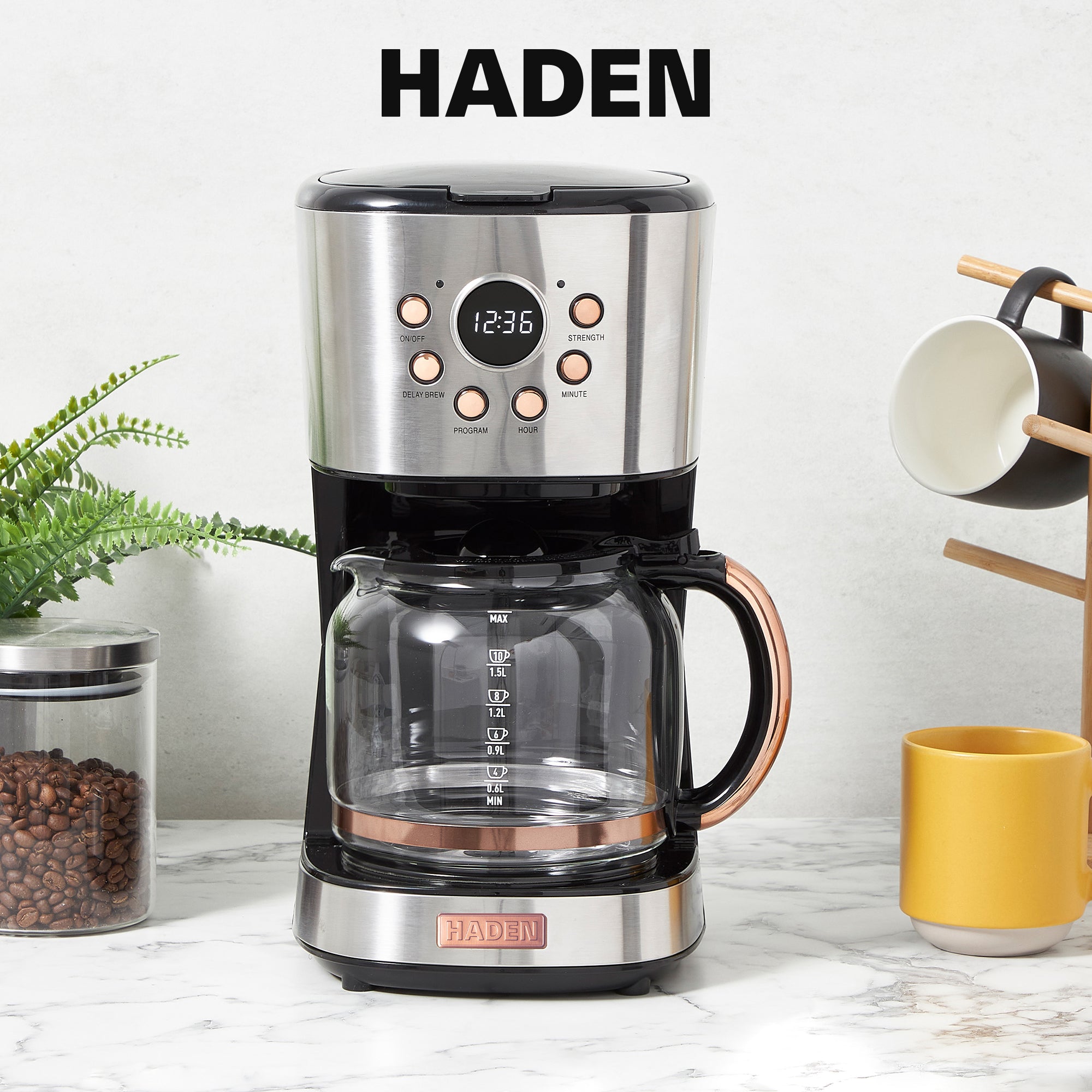 Haden Heritage 12 Cup Programmable Retro Coffee Maker, Steel/Copper (Open Box) - VMInnovations