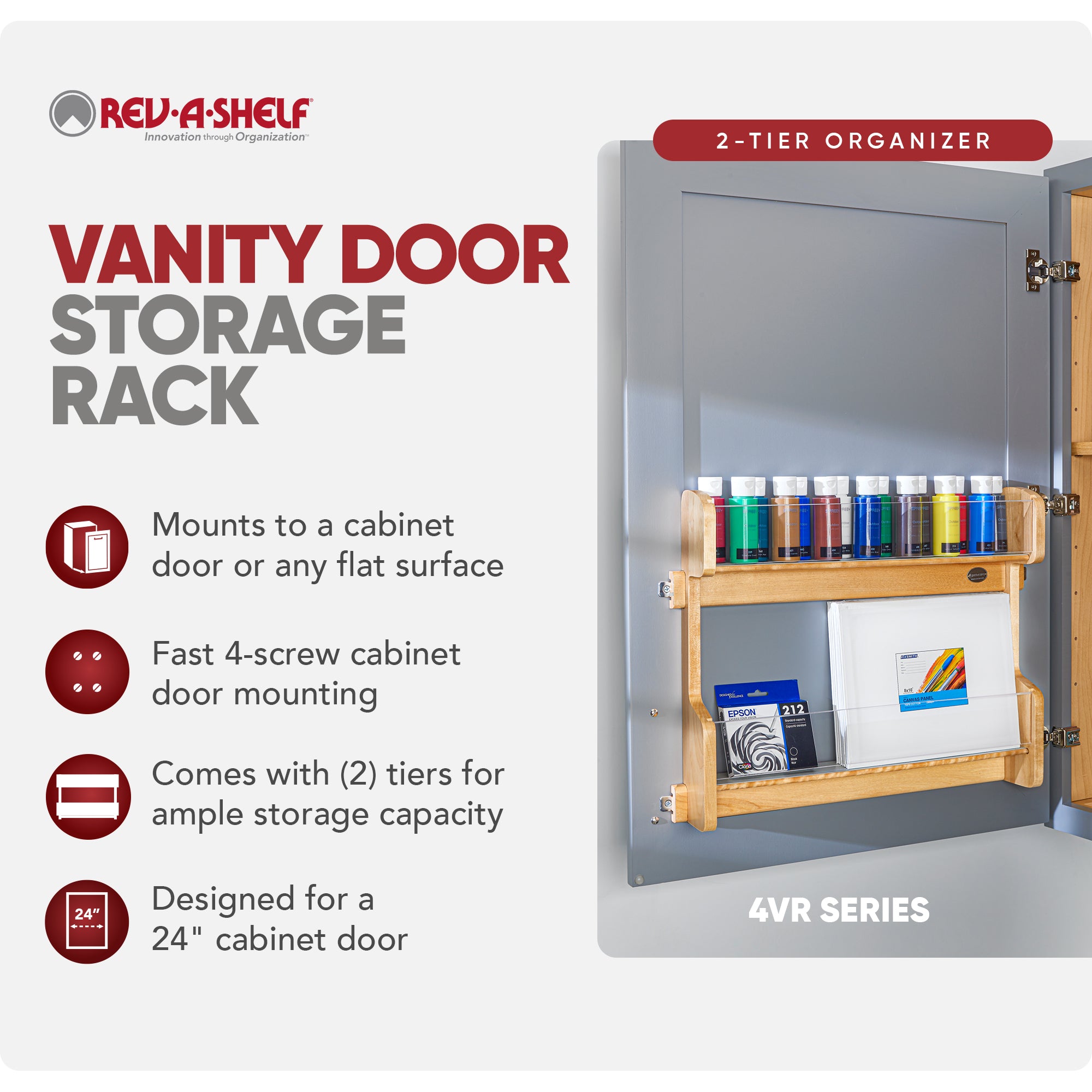 Rev-A-Shelf 4VR-24-1 2 Tier 24 In Door Mount Vanity Storage Rack, Natural Maple