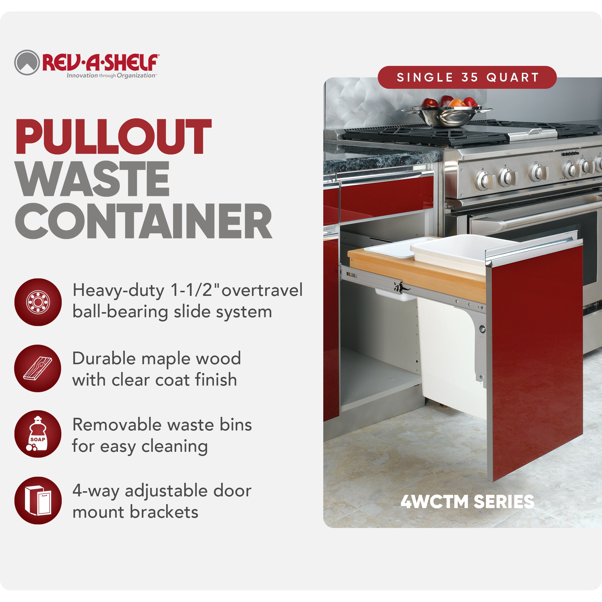 Rev-A-Shelf Single Pullout Top Mount Trash Can, 35 qt., 4WCTM-12DM1-343-FL
