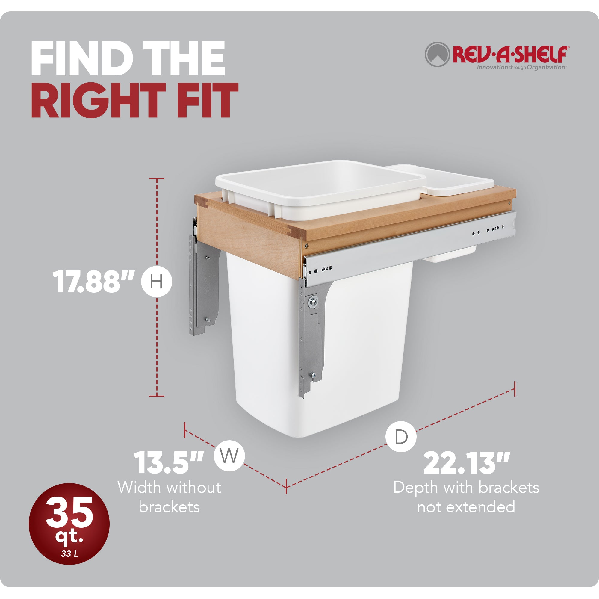 Rev-A-Shelf Single Pullout Top Mount Trash Can, 35 qt., 4WCTM-12DM1-343-FL