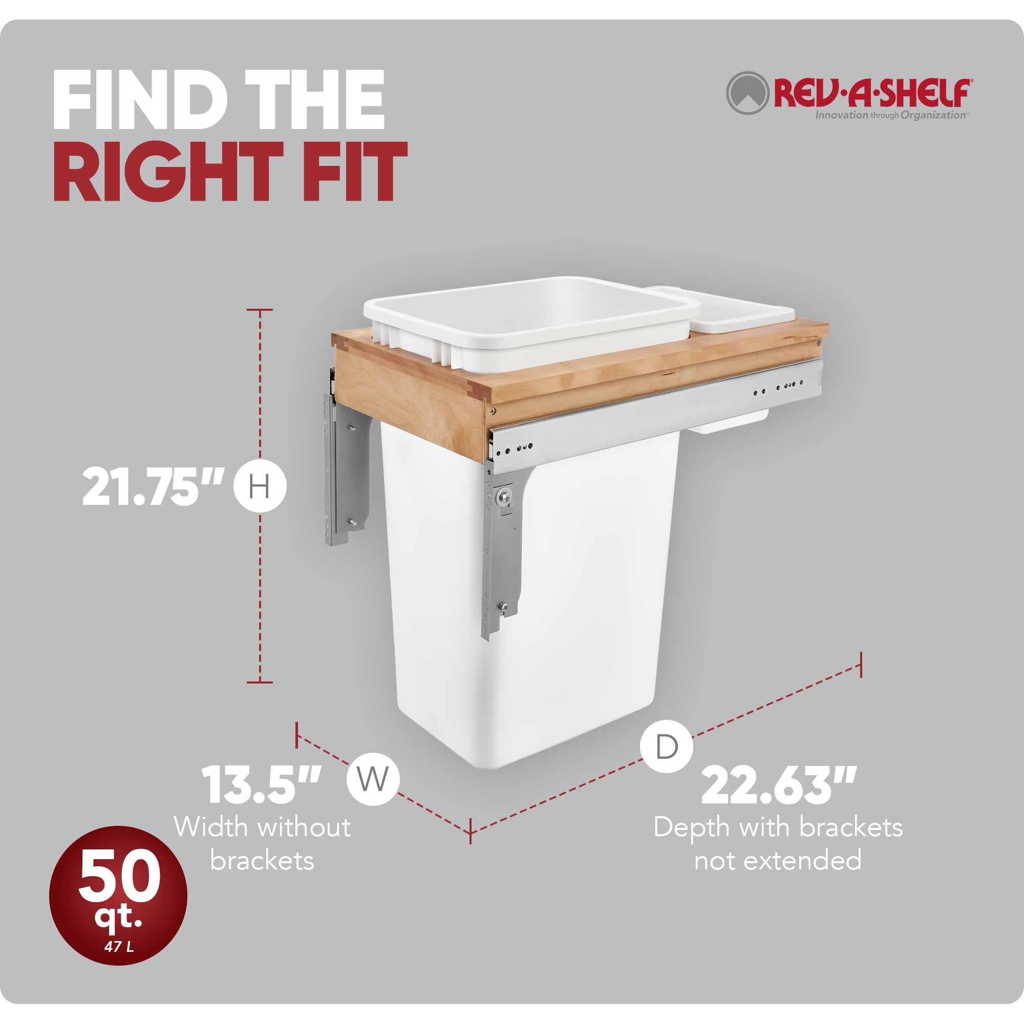 Rev-A-Shelf Pullout Trash Can, Full-Height Cabinet, 50 qt., 4WCTM-1550DM1-343-FL - VMInnovations