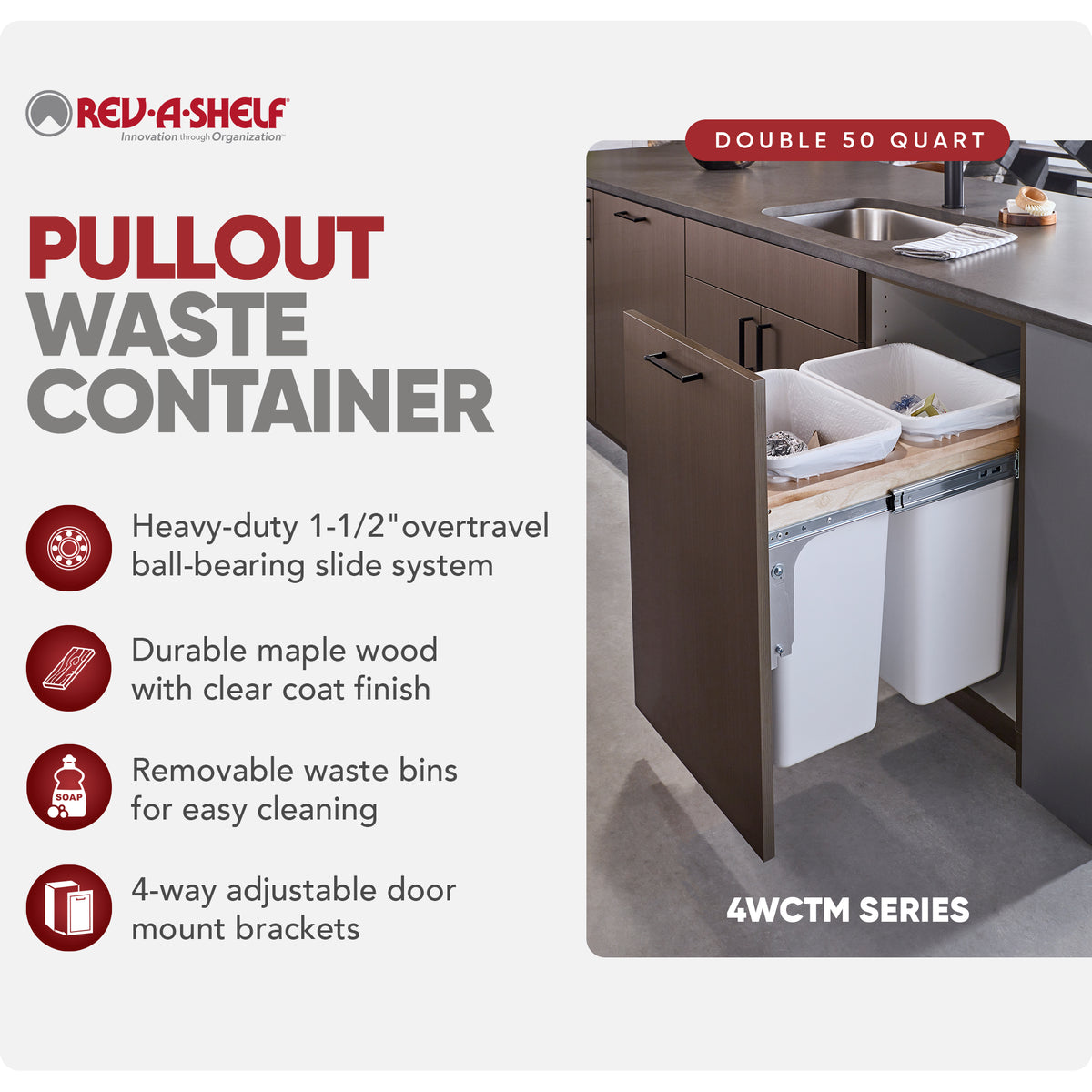 Rev-A-Shelf Pullout Trash Cans, Full-Height Cabinet, 50 qt.,4WCTM-1850DM2-419-FL