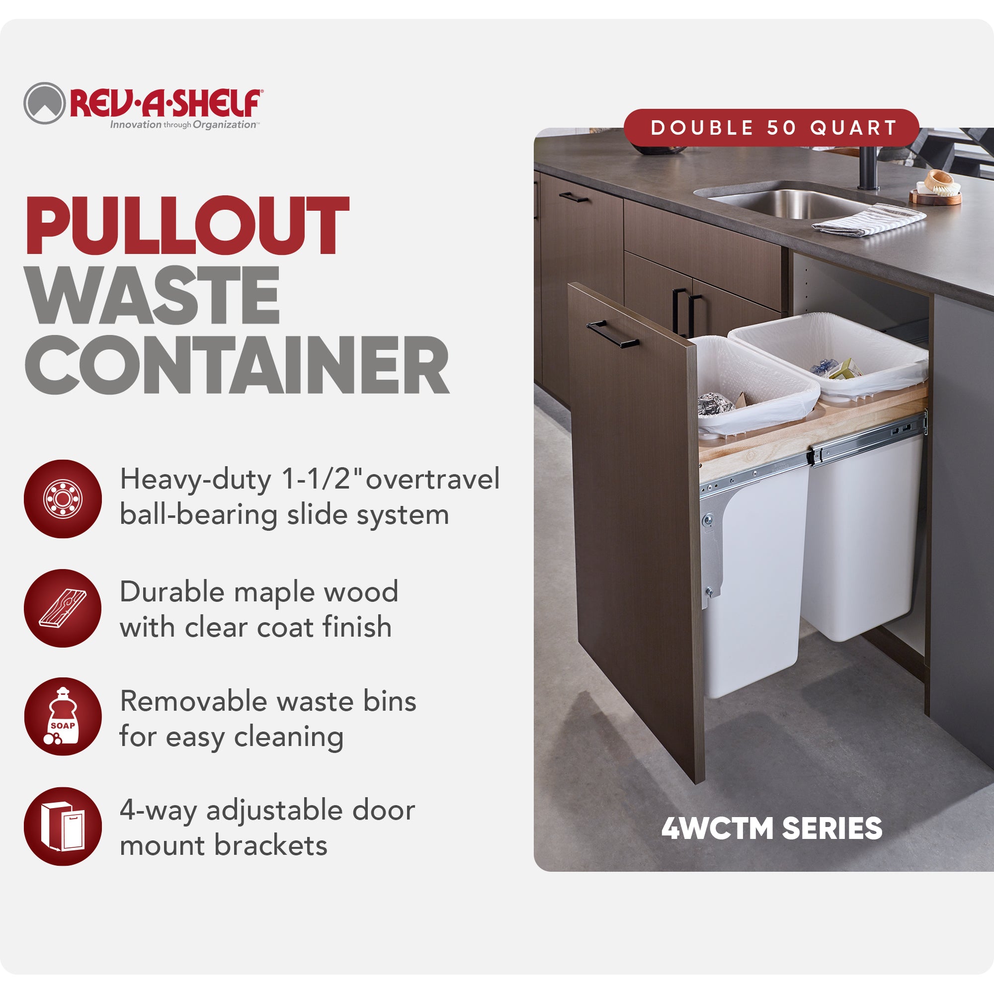 Rev-A-Shelf Pullout Trash Cans, Full-Height Cabinet, 50 qt.,4WCTM-1850DM2-419-FL