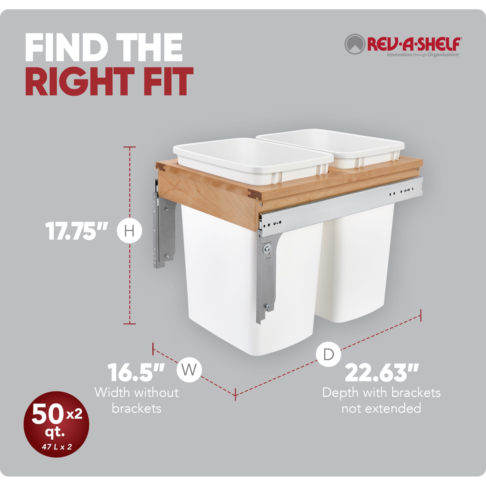 Rev-A-Shelf Pullout Trash Cans, Full-Height Cabinet, 50 qt.,4WCTM-1850DM2-419-FL