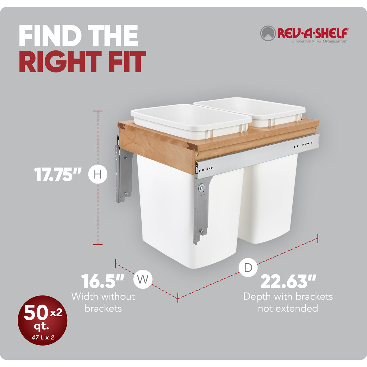 Rev-A-Shelf Pullout Trash Cans, Full-Height Cabinet, 50 qt.,4WCTM-1850DM2-419-FL