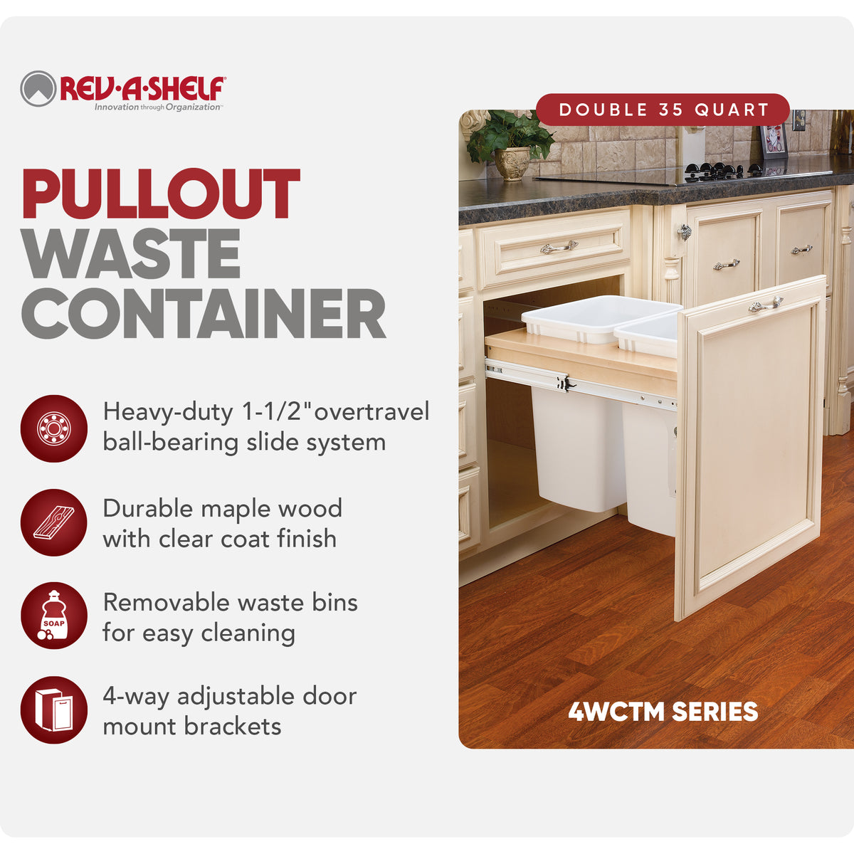 Rev-A-Shelf Double Pullout Top Mount Trash Can, 35 qt., 4WCTM-21DM2-495-FL