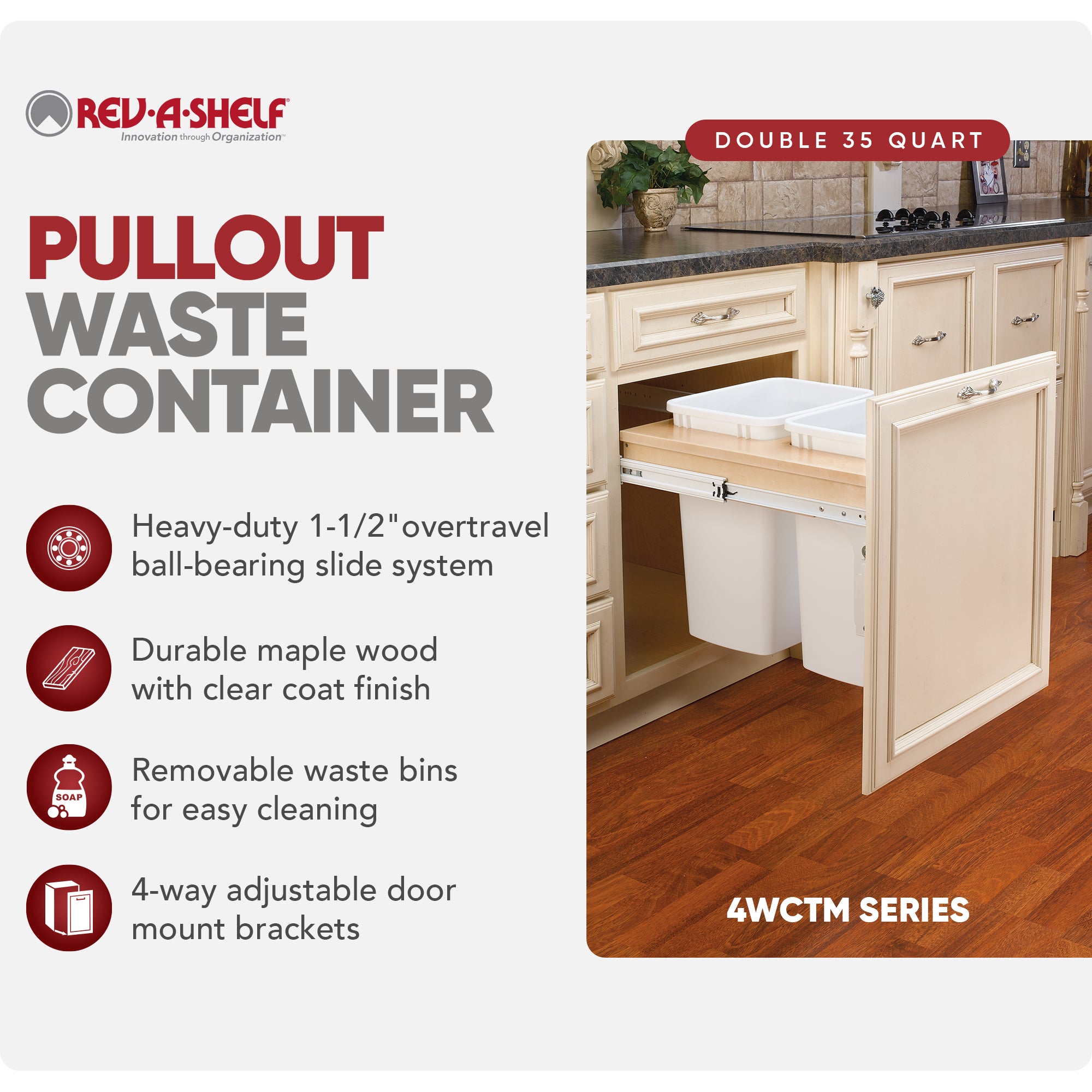 Rev-A-Shelf Double Pullout Top Mount Trash Can, 35 qt., 4WCTM-21DM2-495-FL