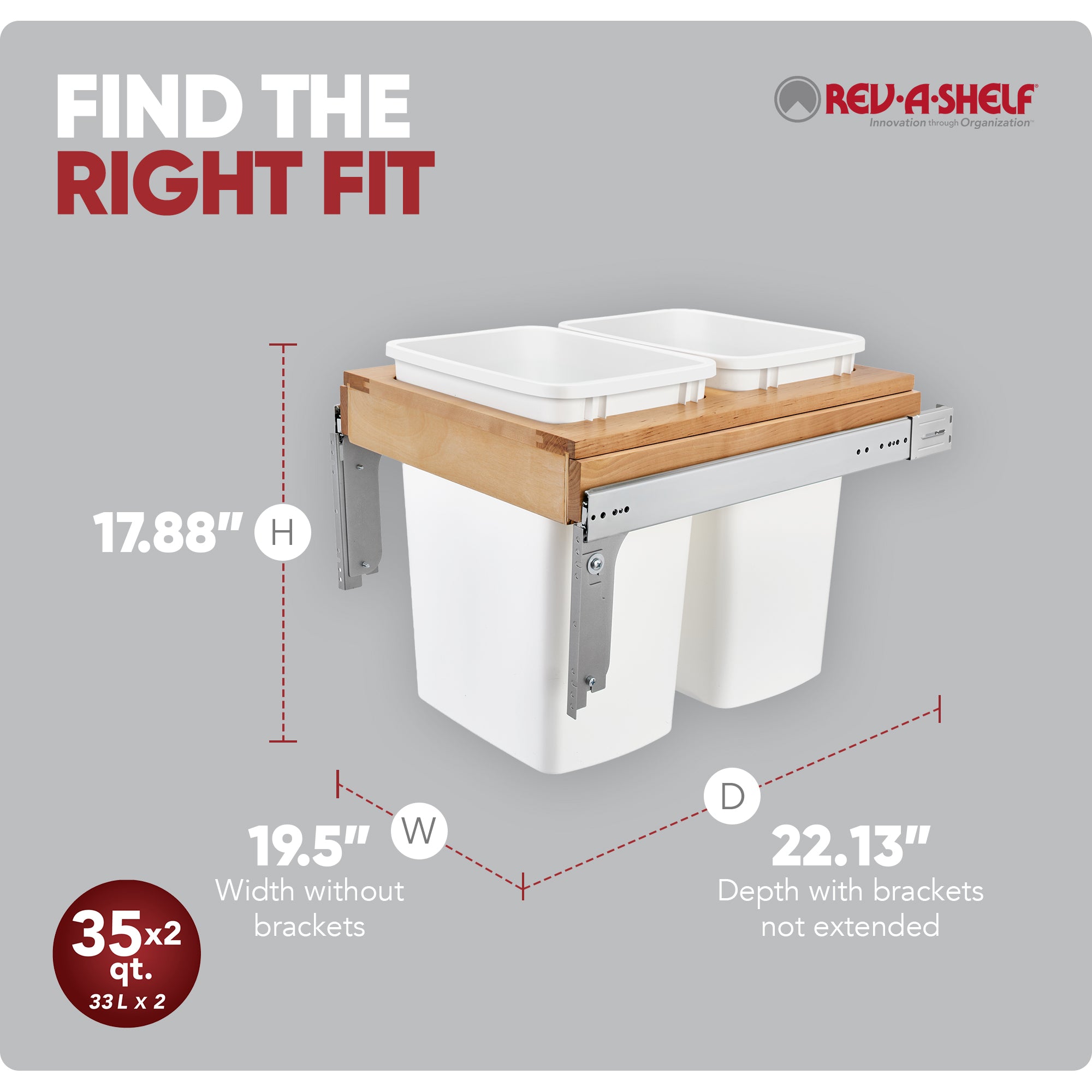 Rev-A-Shelf Double Pullout Top Mount Trash Can, 35 qt., 4WCTM-21DM2-495-FL